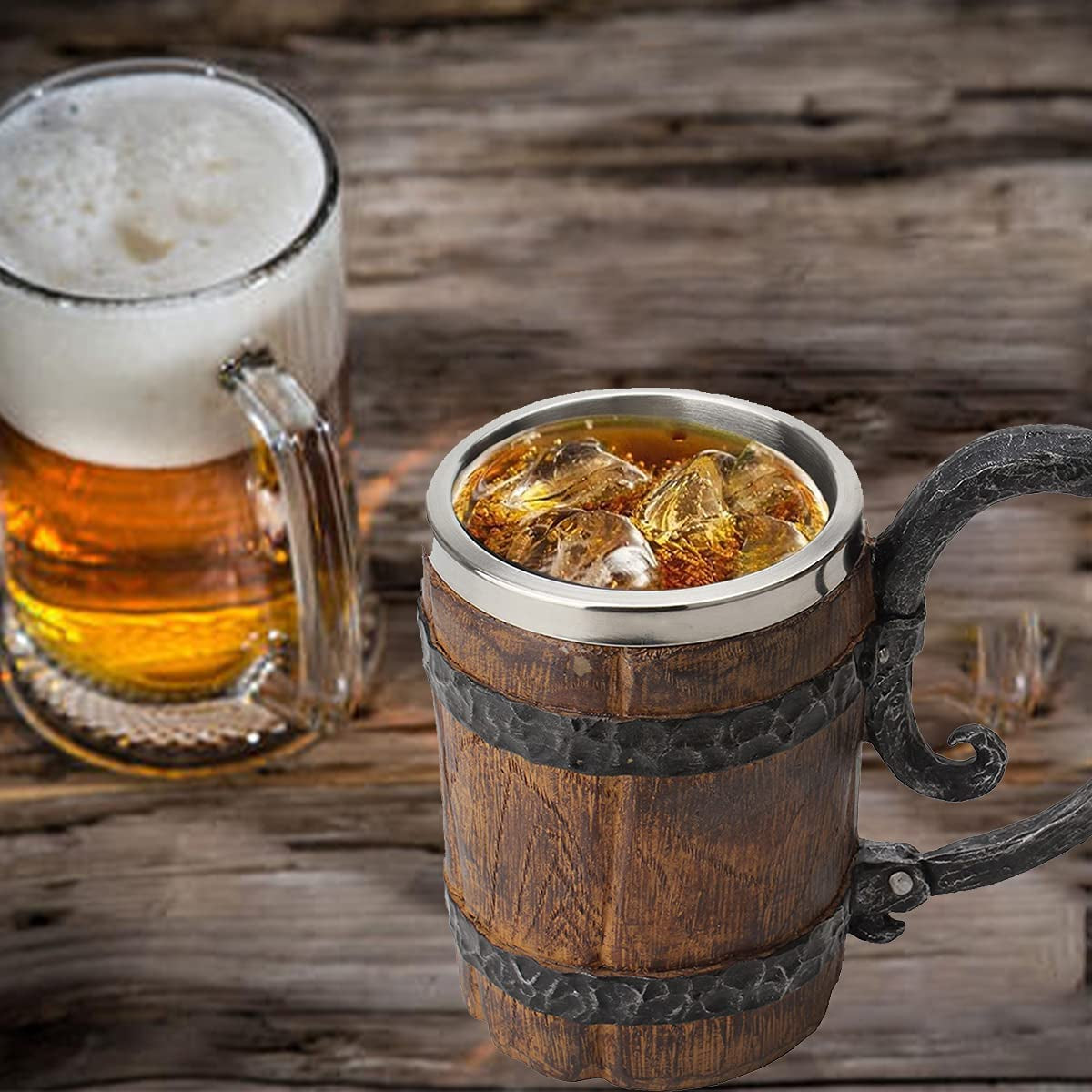 550ML Viking Drinking Cup, Stainless Handmade Wood-Style Beer Mug for Husband Gift, Resin Beer Stein Tankard Coffee Mug Tea Cup, Wooden Gift Antique Men'S Barrel Capacity
