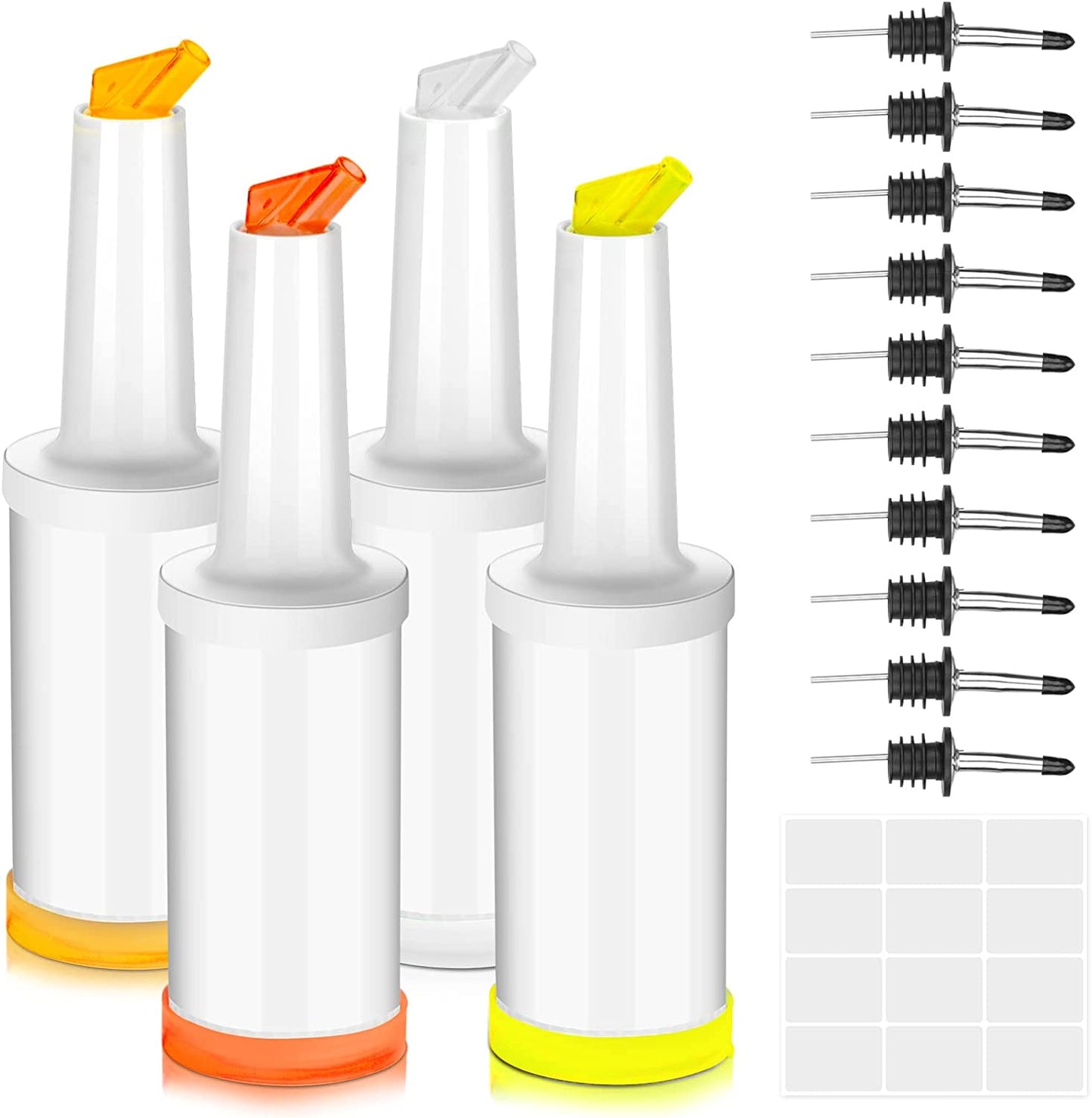 6 Pcs Juice Pour Bottles & 20 Pcs Pourers, Bar Supplies Liquor and Juice Pouring Bottles and Containers Plastic Juice Pour Bottles Stainless Steel Liquor Bottles Pourers for Home Kitchen Party Bar