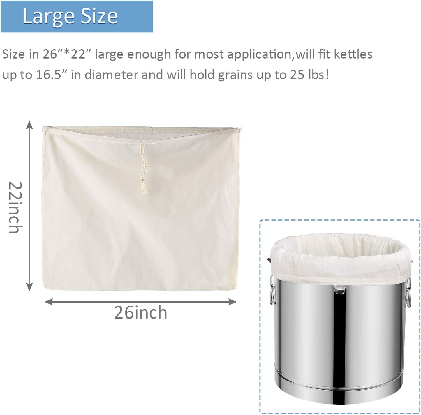Brew Bags(26" X 22") 2 Pack Unbleached Reusable Organic Cotton Brew Bags for Home Brewing, Drawstring Straining Bag Fine Mesh Cheesecloth Bag for Fruit/Cider/Wine/Beer