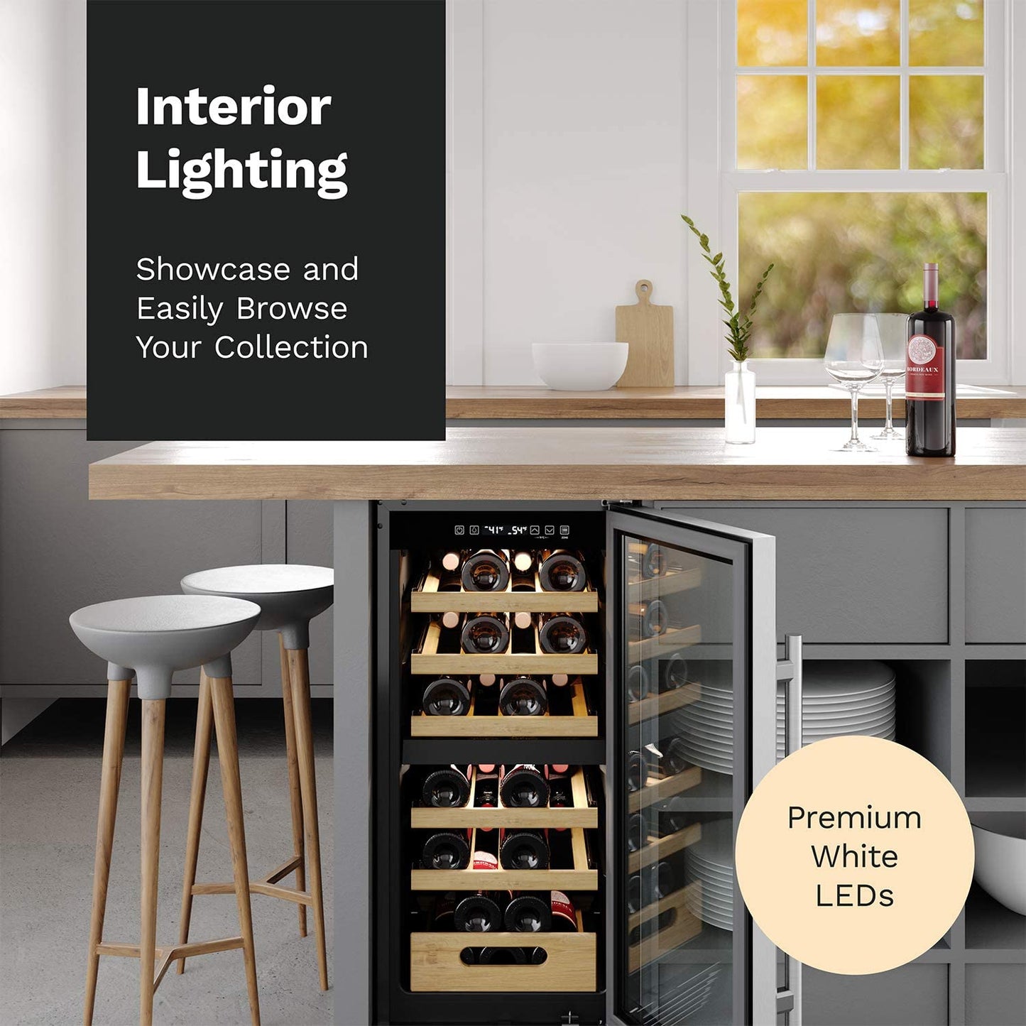 25 Bottles High-End Wine Cooler - Standalone Dual-Zone Mini Fridge and Chiller for Wines with Temperature Control Panel, Stainless Steel Reversible Door Swing and Removable Wood Shelves