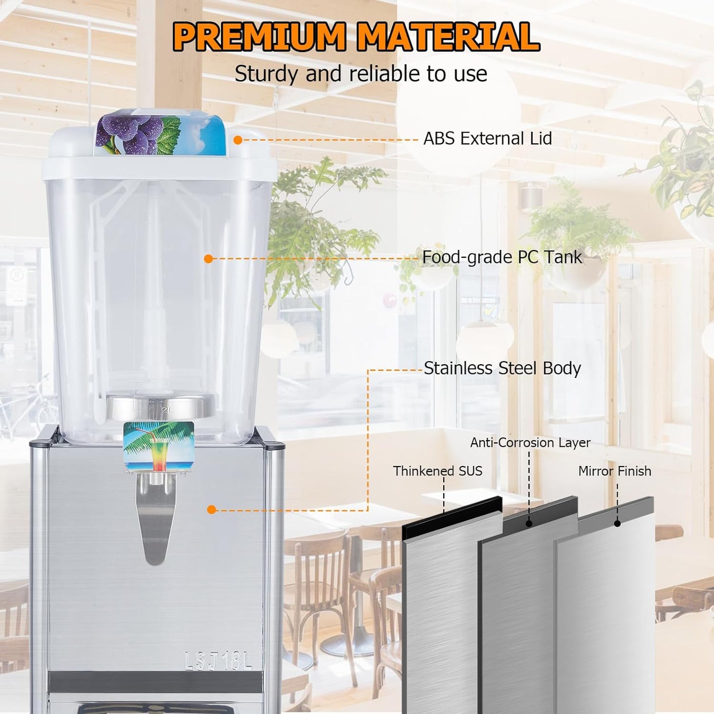 Commercial Beverage Dispenser, 1 Tanks 4.75 Gallon 18L Commercial Juice Dispenser, 18 Liter per Tank, 180W Stainless Steel Food Grade Ice Tea Drink Dispenser with Thermostat Controlle