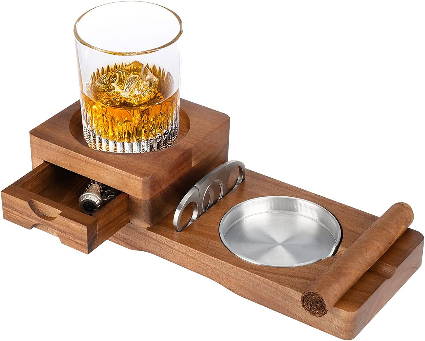 Cigar Ashtray Coaster Whiskey Glass Tray & Wooden Ash Tray with Cigar Cutter,Include Drawer and Cigar Slot Home Office Outdoor Ashtrays Great Cigar Accessories for Men