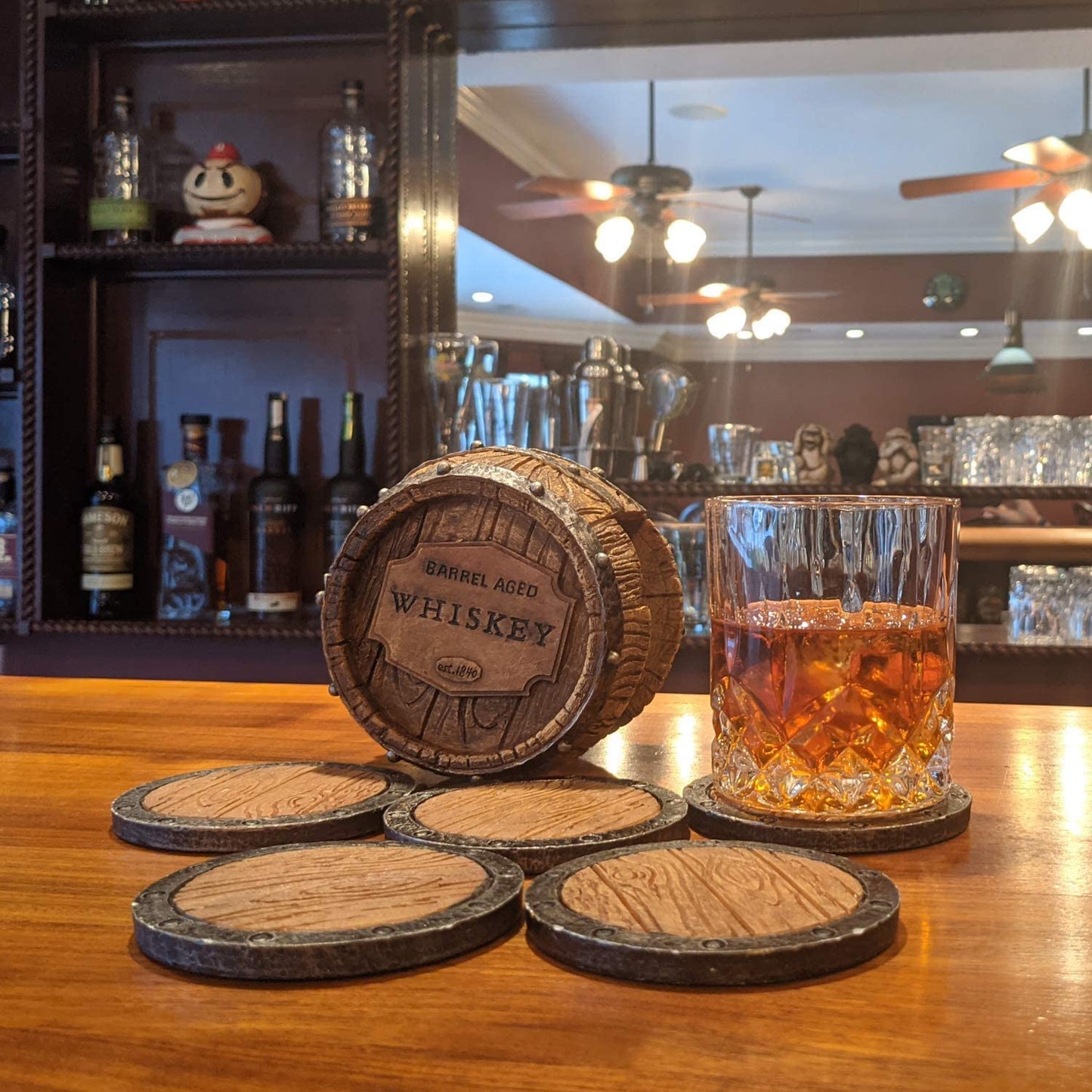 5Pc Whiskey Bourbon Barrel Drink Coasters, Unique Bar Decor & Accessories, Beer & Whiskey Glass Coaster - Home Decorations for Dining Room or Home Bar - Modern Coaster Set with Holder for Man Cave