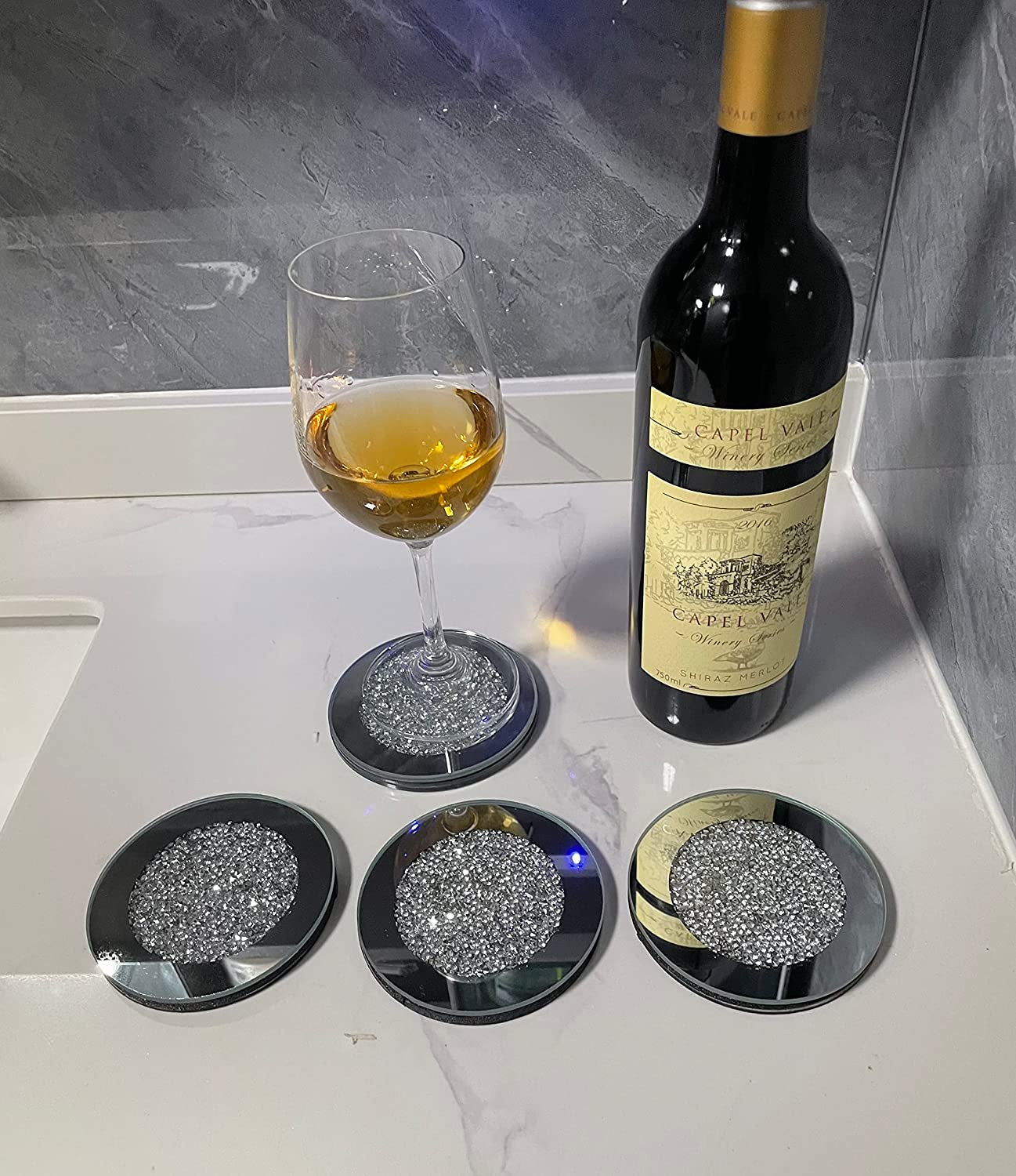 Diamond Glass Coasters for Coffee Table - Crystal Coasters for Drinks , Cup Coaster Set Silver Decor for Bar and Home Parties (4X4 Inch, Square Silver)