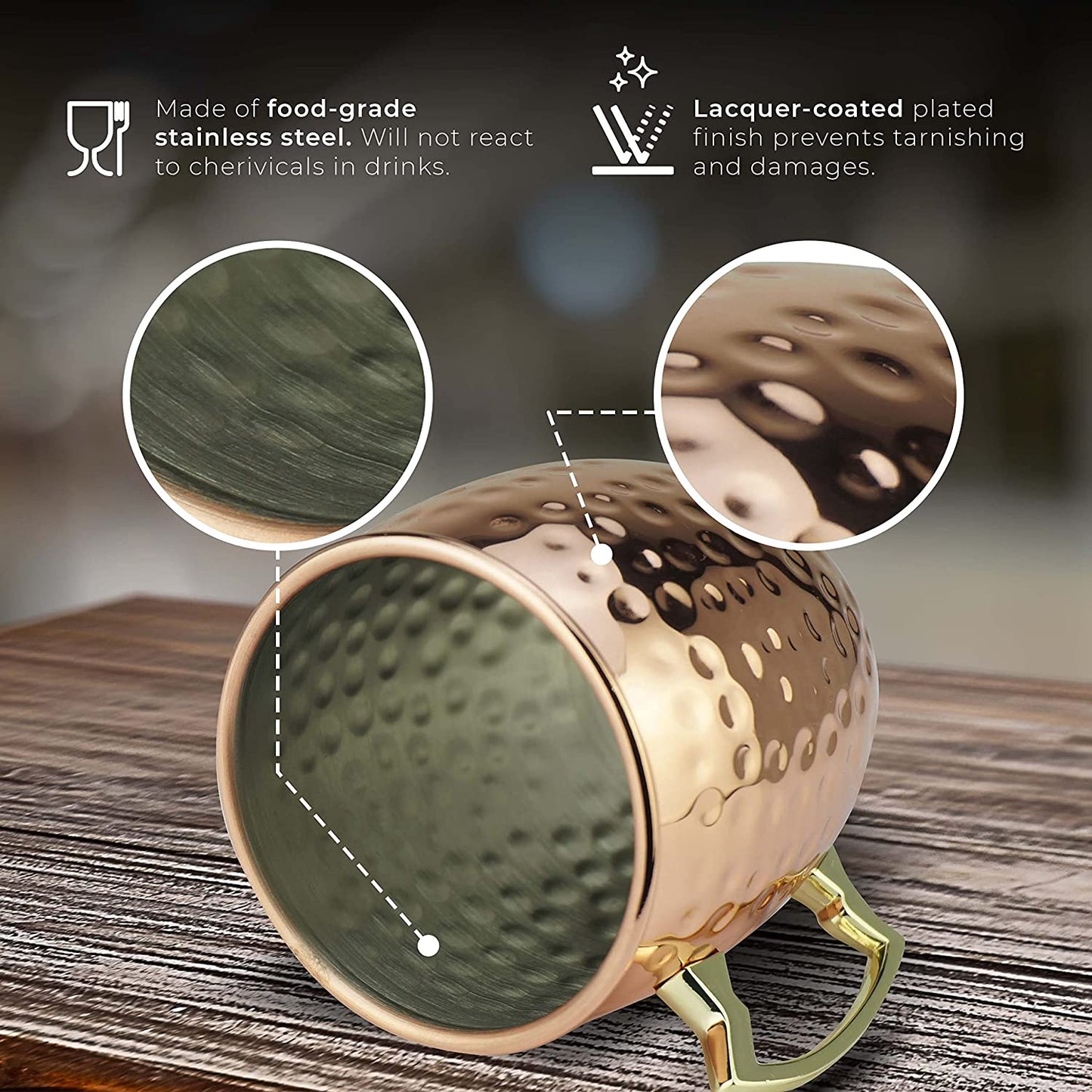 Moscow Mule Mugs | Large Size 19 Ounces | Set of 4 Hammered Cups | Stainless Steel Lining | Pure Copper Plating | Gold Brass Handles | 3.7 Inches Diameter X 4 Inches Tall