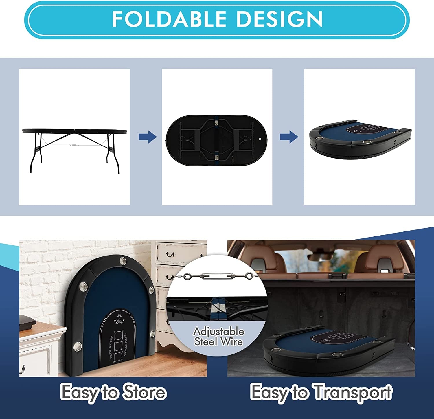 10 Players Poker Table with Cup Holder, Folding Casino Leisure Table with 4 USB Ports, Extra Lights, Easy to Assemble, Foldable Game Poker Tables for Texas, Card Games, Blue