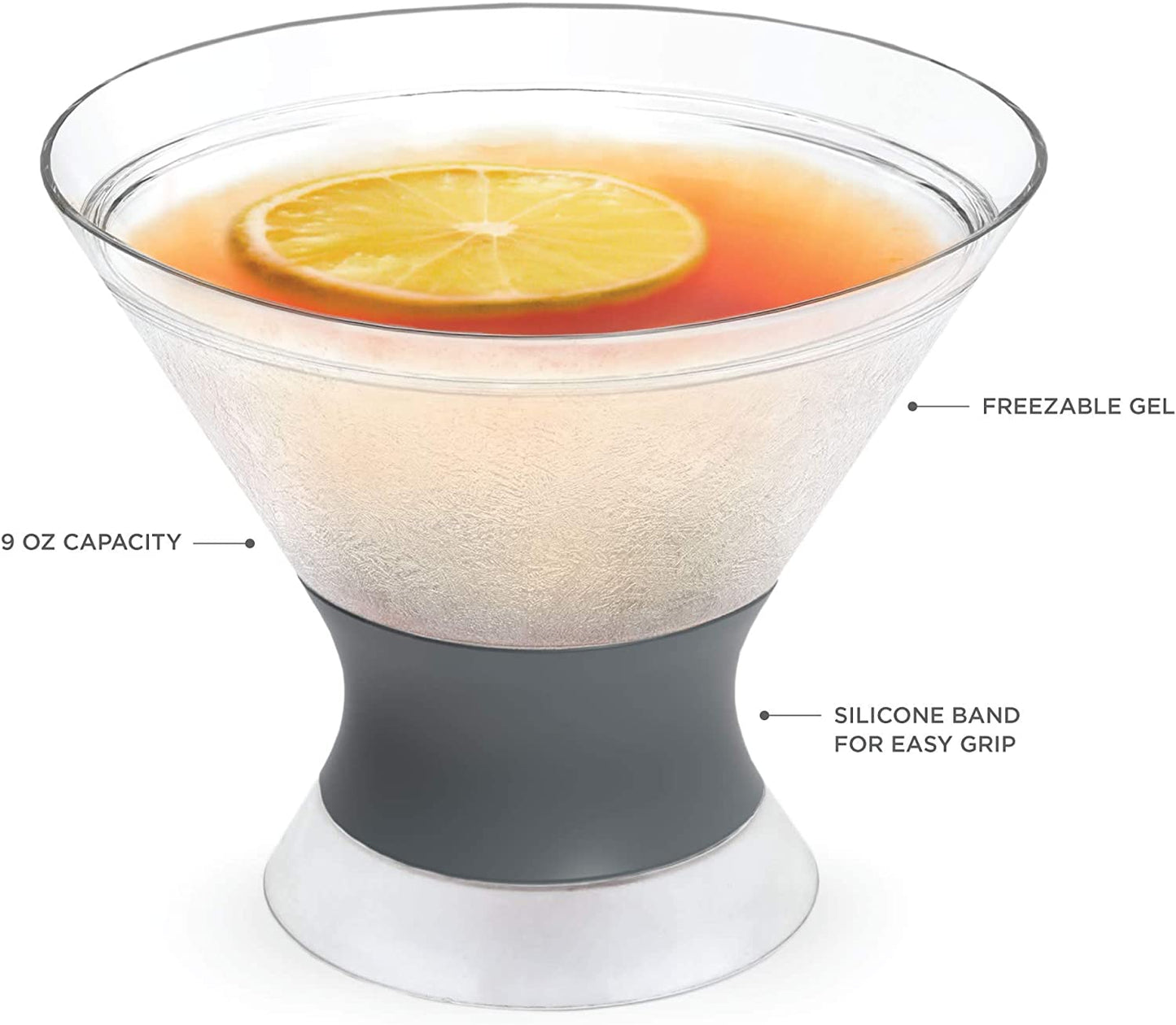 Freeze Insulated Martini Cooling Cups, Plastic Freezer Gel Chiller Double Wall Stemless Cocktail Glass Set of 2, 9 Oz, Grey