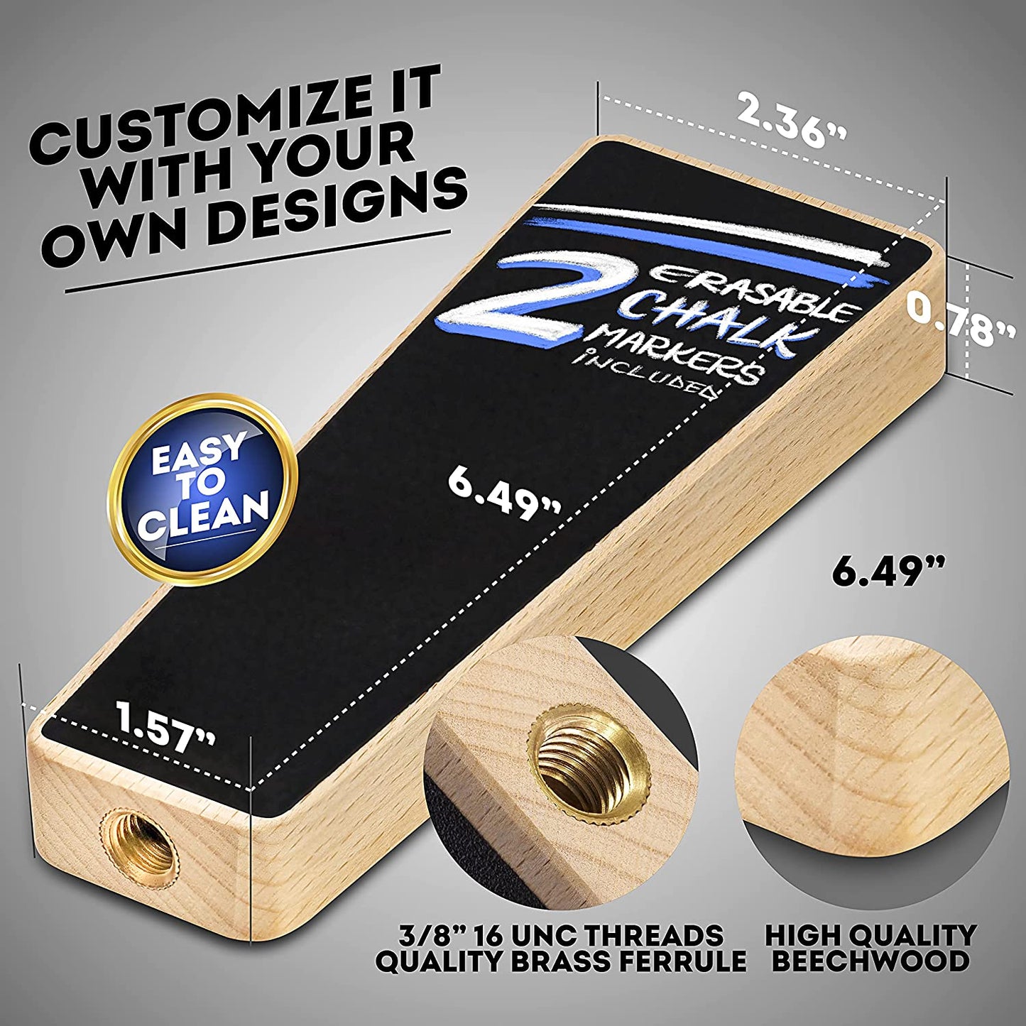 Beer Tap Handle and Two Liquid Chalk Markers Set - Wooden Keg Taps Handles for Standard Faucets and Kegerators with Reusable Chalkboard - Suitable for Home Brew, Bars, Kegs and Draft Beer