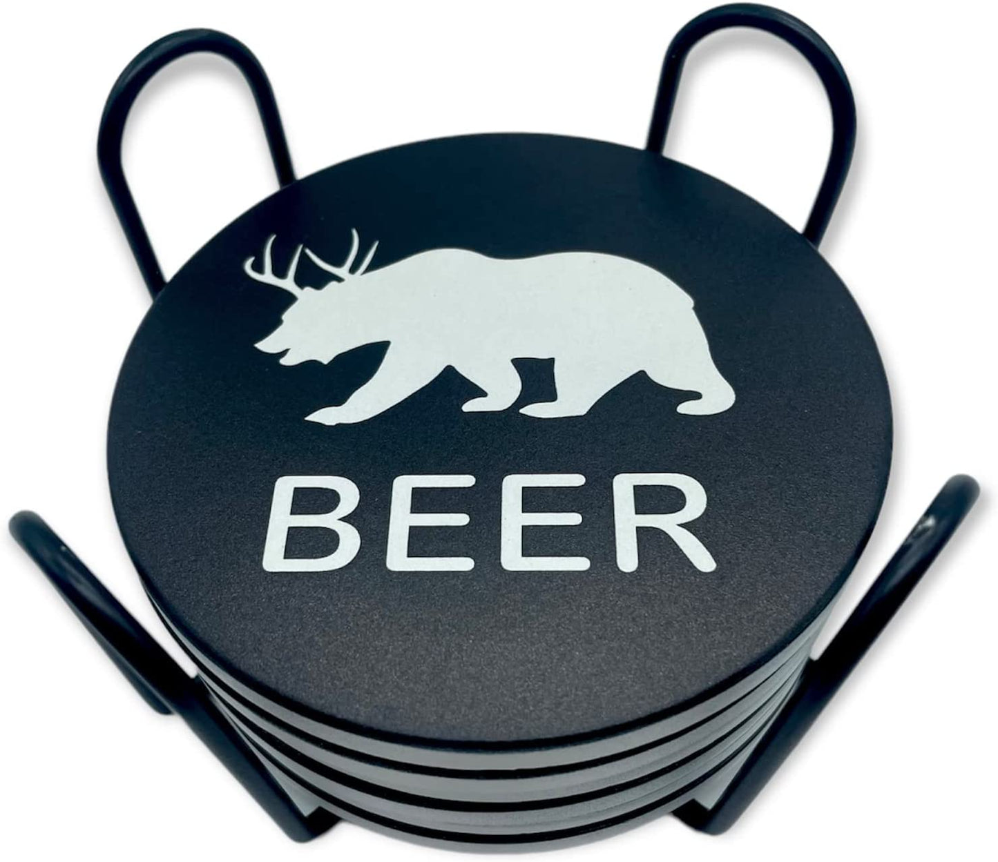 Beer Bear 6 Piece Ceramic Coaster Set Funny Bar Humor Kitchen Living Room Dining Room Pub Tavern Home Decor Accent Piece