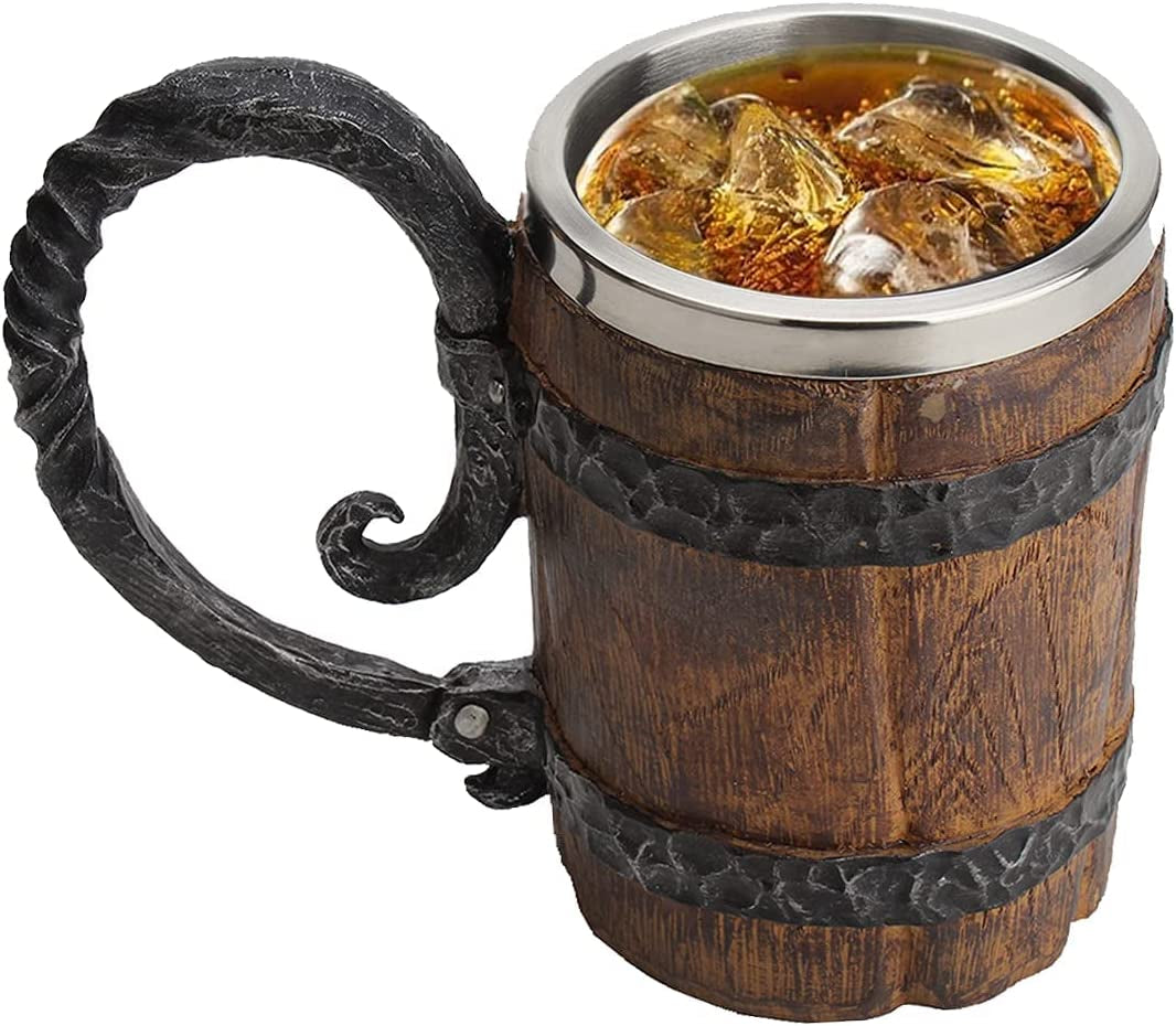 550ML Viking Drinking Cup, Stainless Handmade Wood-Style Beer Mug for Husband Gift, Resin Beer Stein Tankard Coffee Mug Tea Cup, Wooden Gift Antique Men'S Barrel Capacity