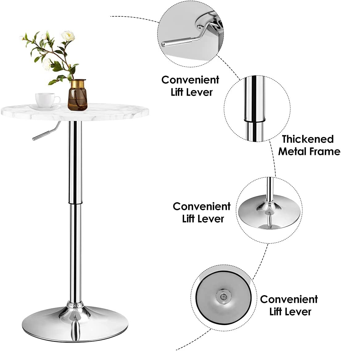 round Pub Table Height Adjustable, 360° Swivel Cocktail Pub Table with Sliver Leg and Base for Home, Office Bar Table (White) (1)