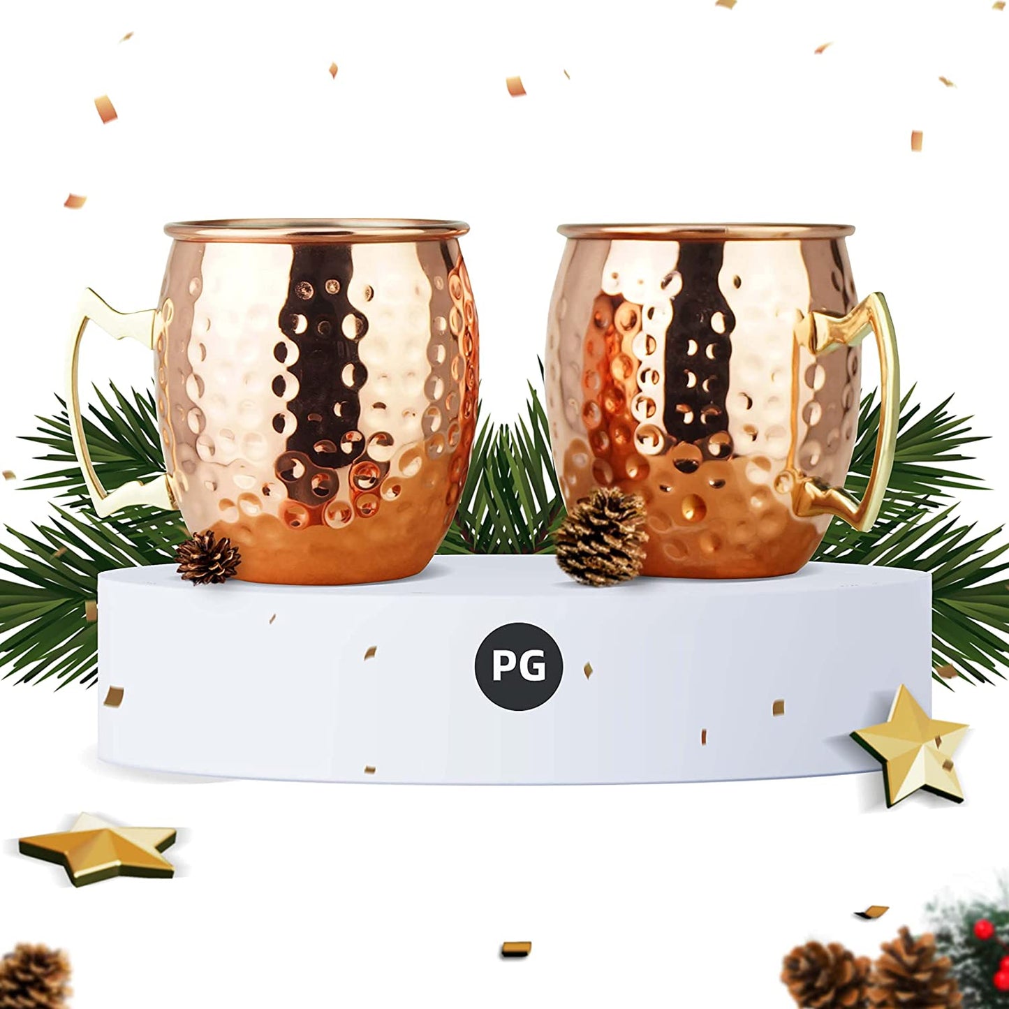 Moscow Mule Mugs | Large Size 19 Ounces | Set of 4 Hammered Cups | Stainless Steel Lining | Pure Copper Plating | Gold Brass Handles | 3.7 Inches Diameter X 4 Inches Tall