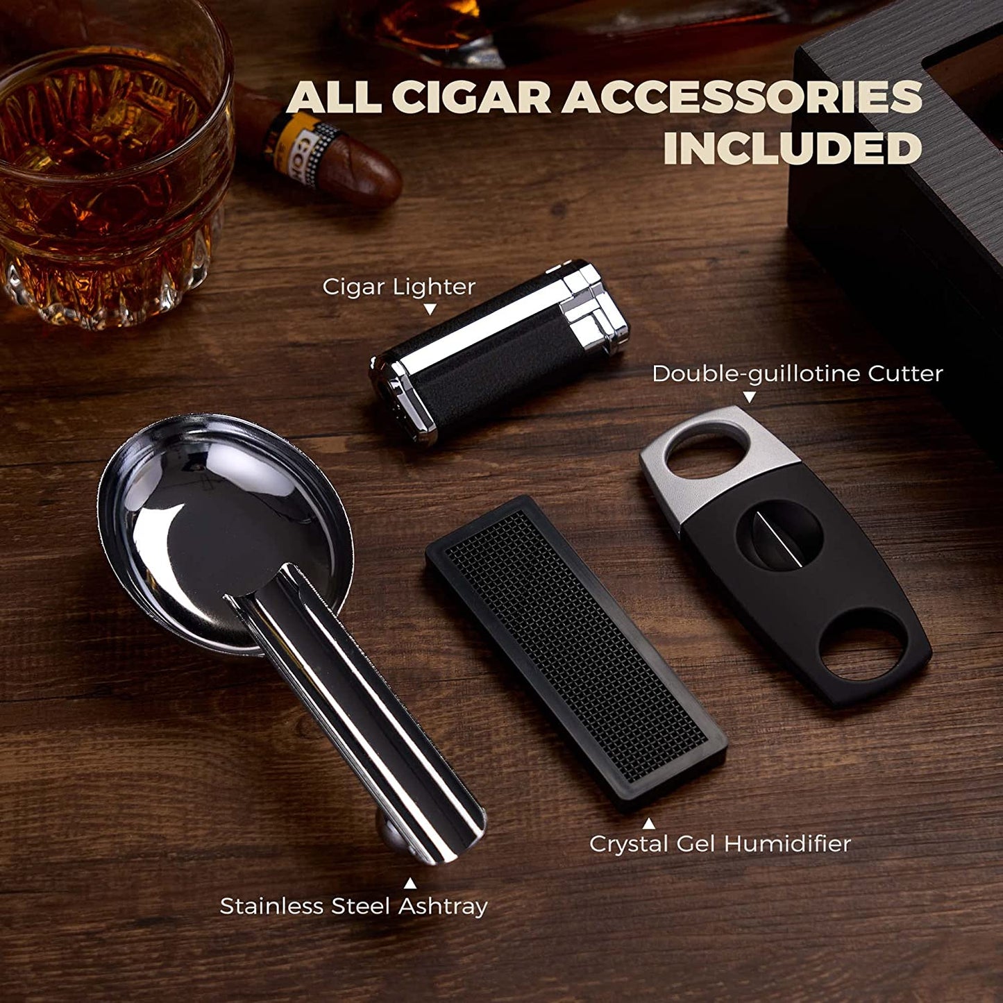 Cigar Humidor Box with Lighter and Cutter, Digital Hygrometer, Crystal Beads Humidifier, Ashtray, Spanish Cedar Lining and Divider for 25 Cigars, Cigar Accessories Gifts for Men
