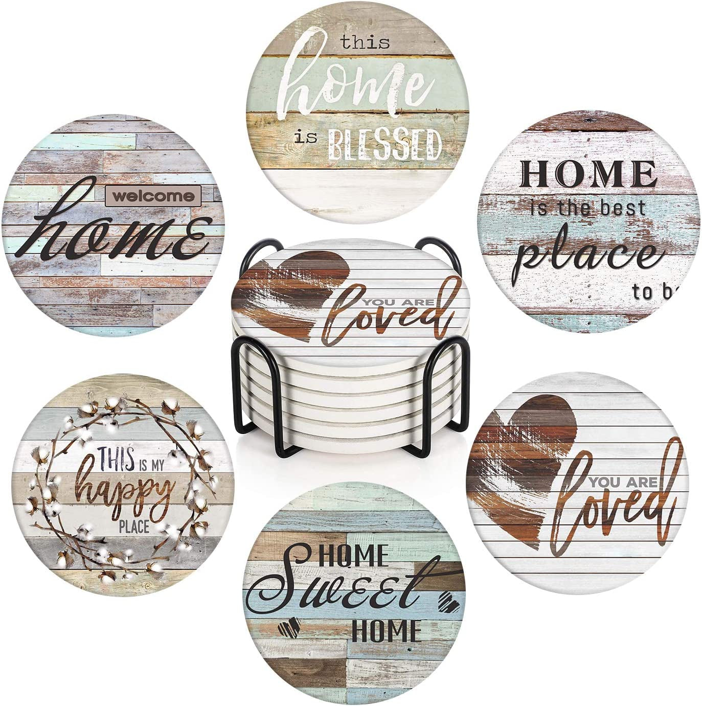 Set of 6 Coaster for Drinks Absorbent with Cork Base, Metal Holder, round Wooden Stone Drink Mat for Coffee Wood Table, Gift for Birthday, Farmhouse Housewarming Room Bar Decor Retro Skull