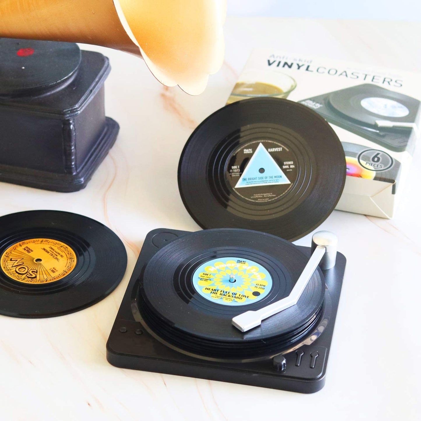 Funny Retro Vinyl Record Coasters for Drinks with Vinyl Record Player Holder for Music Lovers,Set of 6 Conversation Piece Sayings Drink Coaster,Housewarming Hostess Gifts, Wedding Registry Gift Ideas