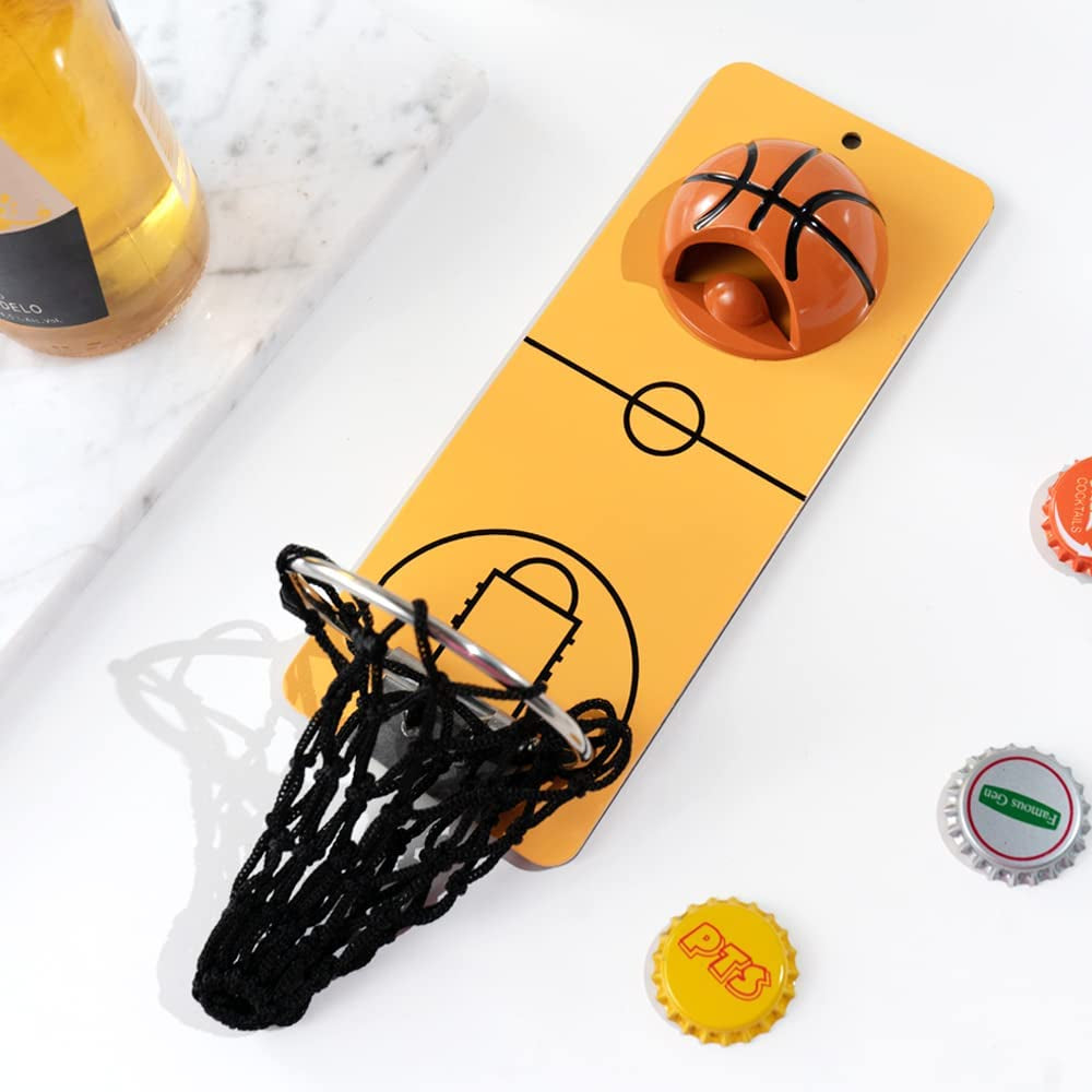 Magnetic Basketball Bottle Opener, Wooden Wall Mounted Opener with Cap Collector Catcher, Ideal Gift for Basketball and Beer Lovers, Use as Kitchen-Yard-Bar Decoration