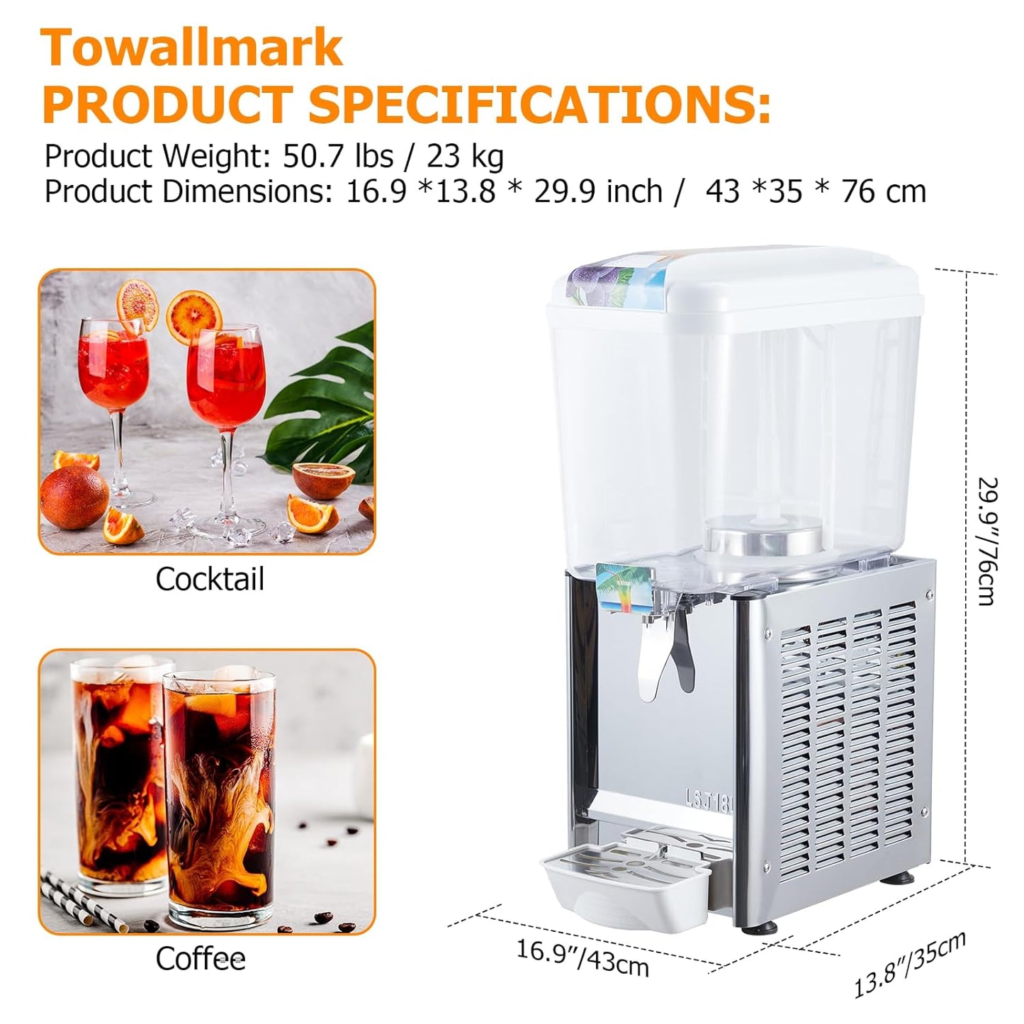 Commercial Beverage Dispenser, 1 Tanks 4.75 Gallon 18L Commercial Juice Dispenser, 18 Liter per Tank, 180W Stainless Steel Food Grade Ice Tea Drink Dispenser with Thermostat Controlle