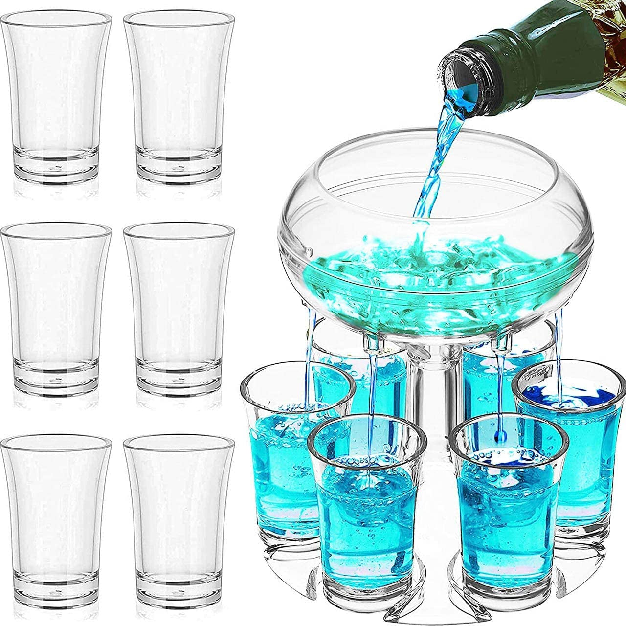 Shot Dispenser with 6 Shot Glasses Set - Party Drink Dispenser Liquor Dispenser and Holder Shot Pourer for Beverage | Cider | Liquor | Cocktail - Fun Bar Accessories Home Gifts (V2)