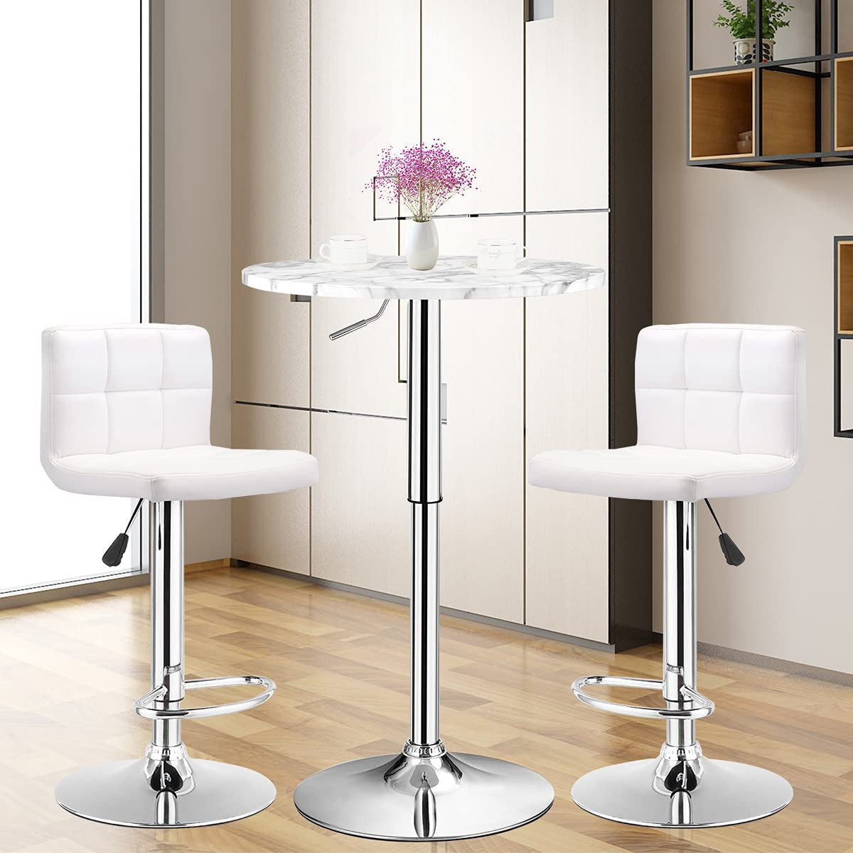 round Pub Table Height Adjustable, 360° Swivel Cocktail Pub Table with Sliver Leg and Base for Home, Office Bar Table (White) (1)
