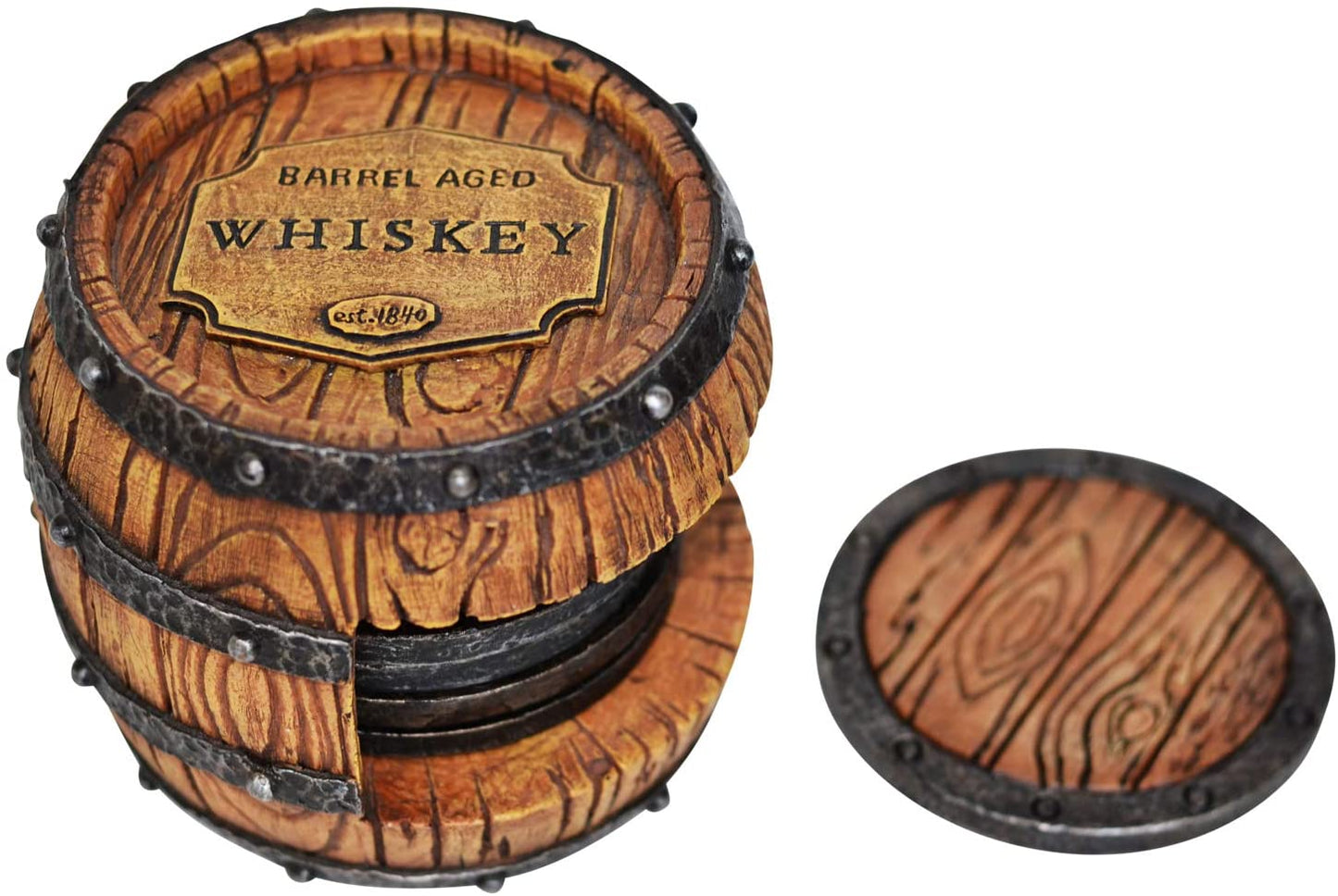 5Pc Whiskey Bourbon Barrel Drink Coasters, Unique Bar Decor & Accessories, Beer & Whiskey Glass Coaster - Home Decorations for Dining Room or Home Bar - Modern Coaster Set with Holder for Man Cave