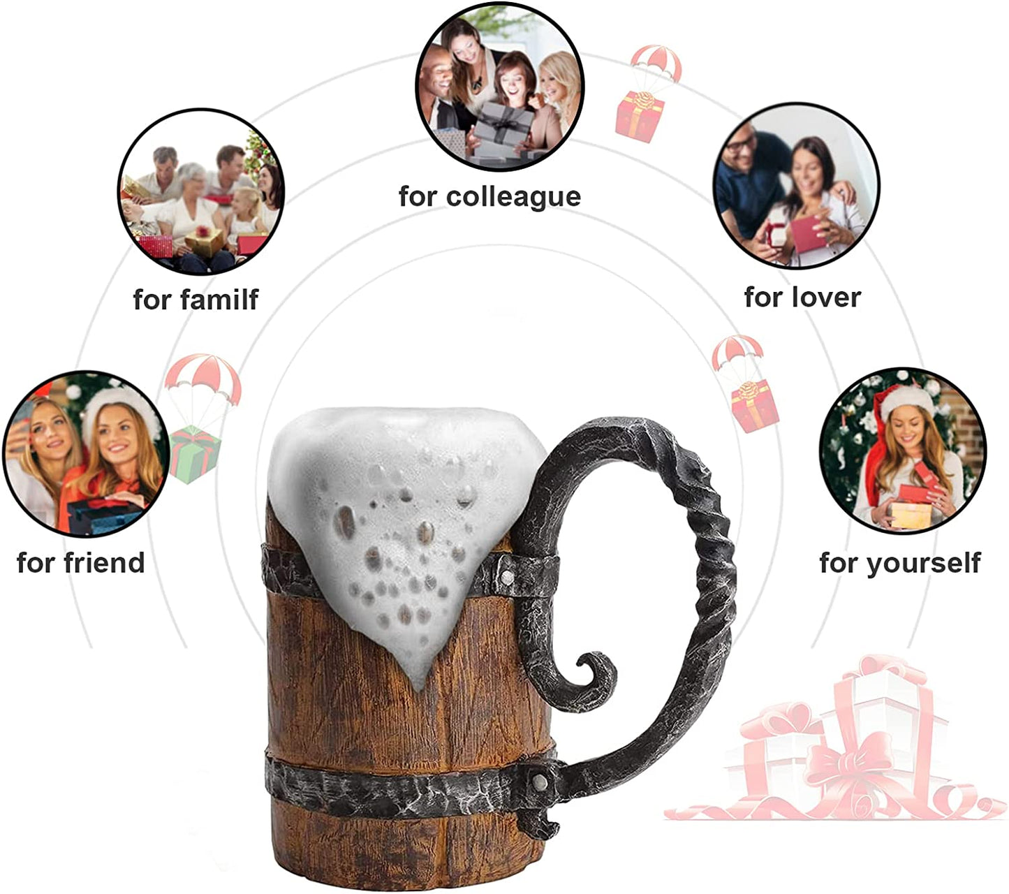 550ML Viking Drinking Cup, Stainless Handmade Wood-Style Beer Mug for Husband Gift, Resin Beer Stein Tankard Coffee Mug Tea Cup, Wooden Gift Antique Men'S Barrel Capacity