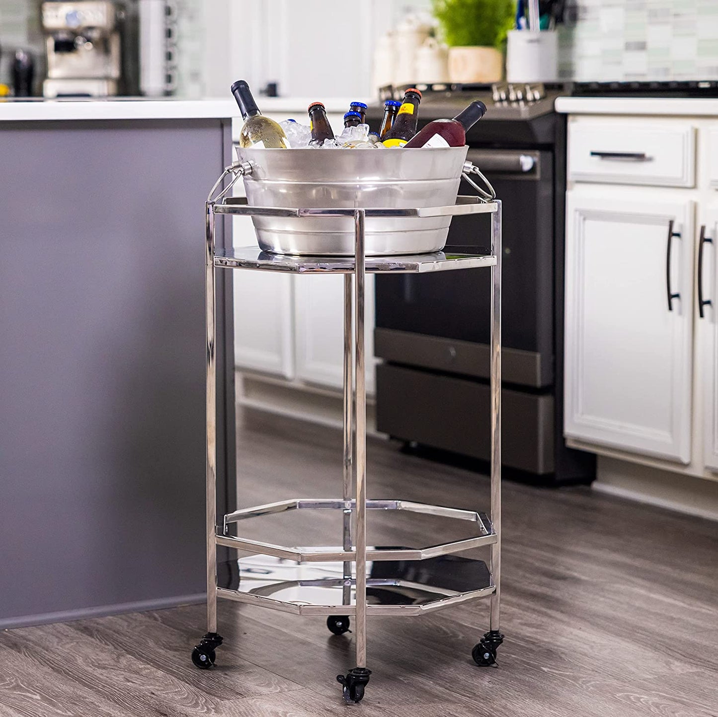 Metal Bar Cart plus Insulated Ice Bucket Combo Set, Double-Walled Insulated Anchored Bolt Drink Tub & Drink Bucket with Double Hinged Handles, Metal Beverage Tub with Stand & Wheels, Silver
