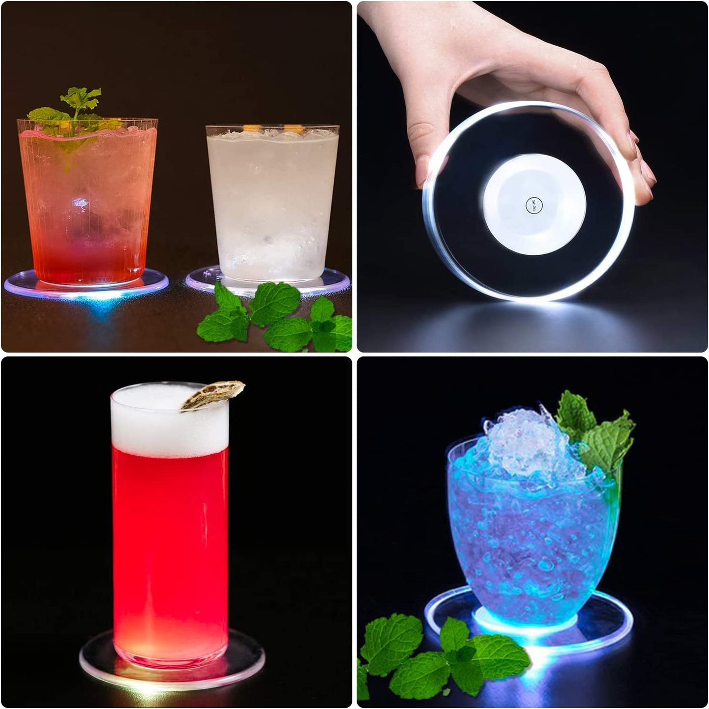 6 Pieces LED Coasters for Drinks, Light up Coasters ON/OFF Disposable round Coasters for Drinks, Acrylic Coasters for Beer Cocktail Parties Weddings Bar Christmas, Cool White LED Coasters