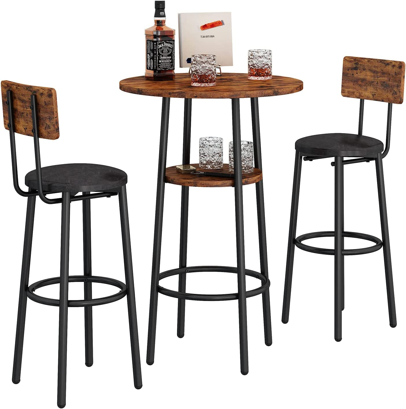 3-Piece Bar Table Set for 2, Small 2-Tier round Bistro Pub Dining Table & PU Upholstered Stools with Backrest, Counter Height Table and Chairs Set for Kitchen Small Space, Rustic Brown