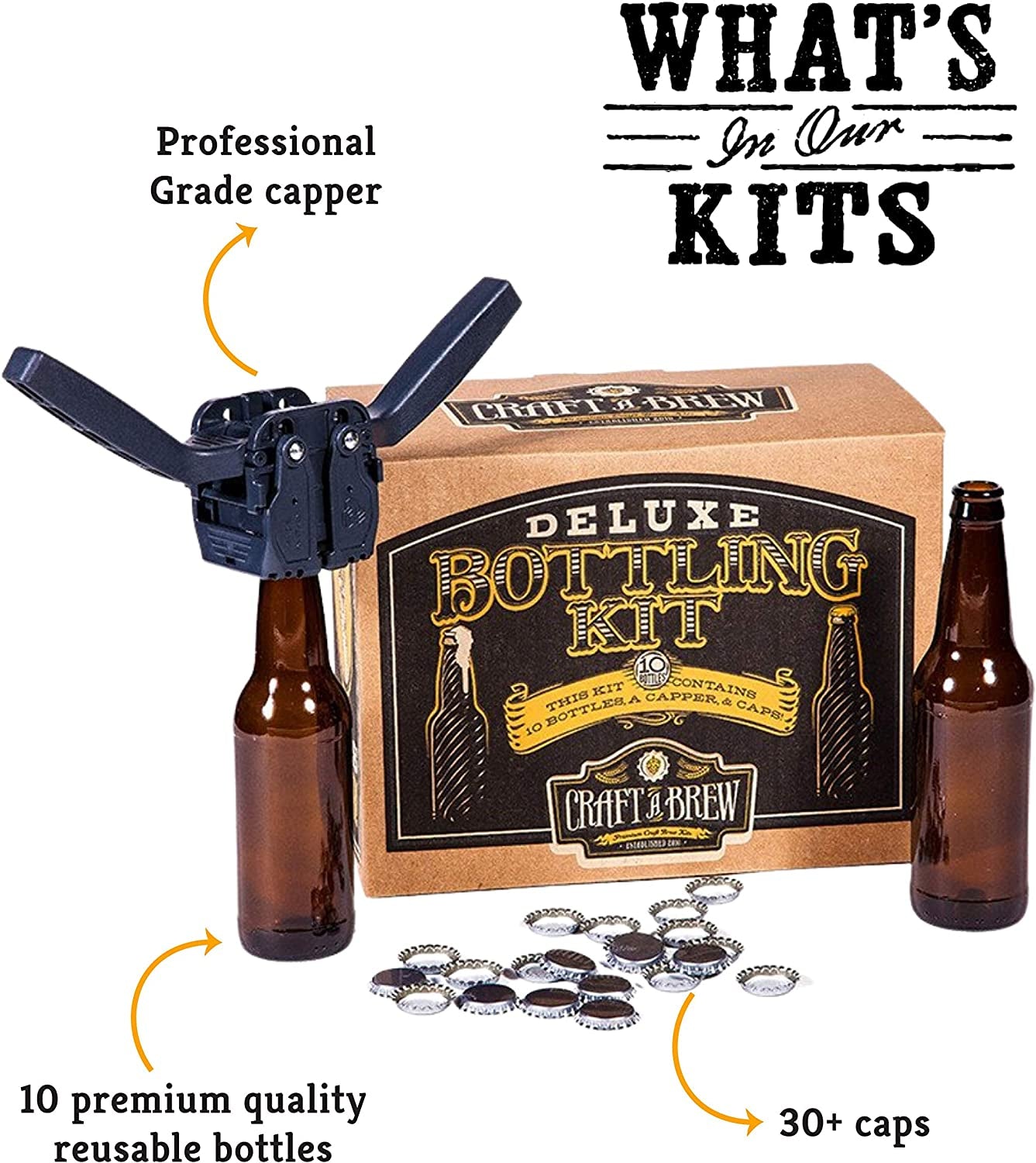 Deluxe Bottling Kit – Homebrew Bottler Equipment – Home Brewing Easy Bottling Set – 10 Empty 12Oz. Amber Glass Bottles – 30+ Caps – 1 Capper…
