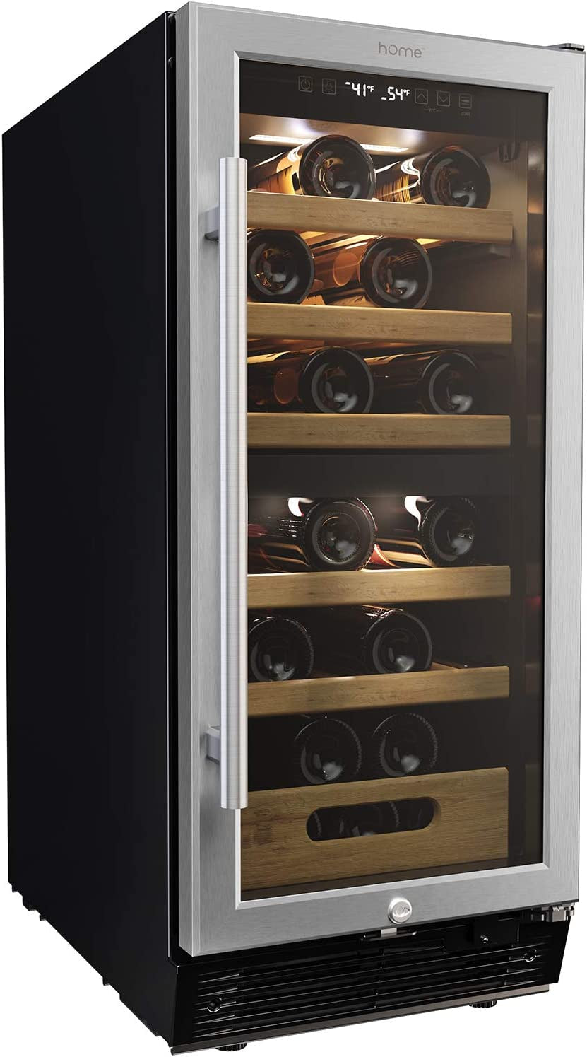 25 Bottles High-End Wine Cooler - Standalone Dual-Zone Mini Fridge and Chiller for Wines with Temperature Control Panel, Stainless Steel Reversible Door Swing and Removable Wood Shelves