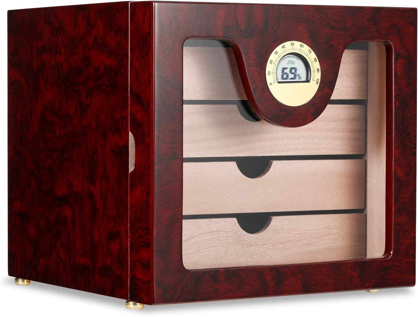 Cigar Humidor Cabinet with Digital Hygrometer for 100 to 150 Counts, Spanish Cedar Lined Cigar Box with 3 Large Drawers, 2 Crystal Gel Humidifiers, Glossy Ebony Finish, Great Gift for Father
