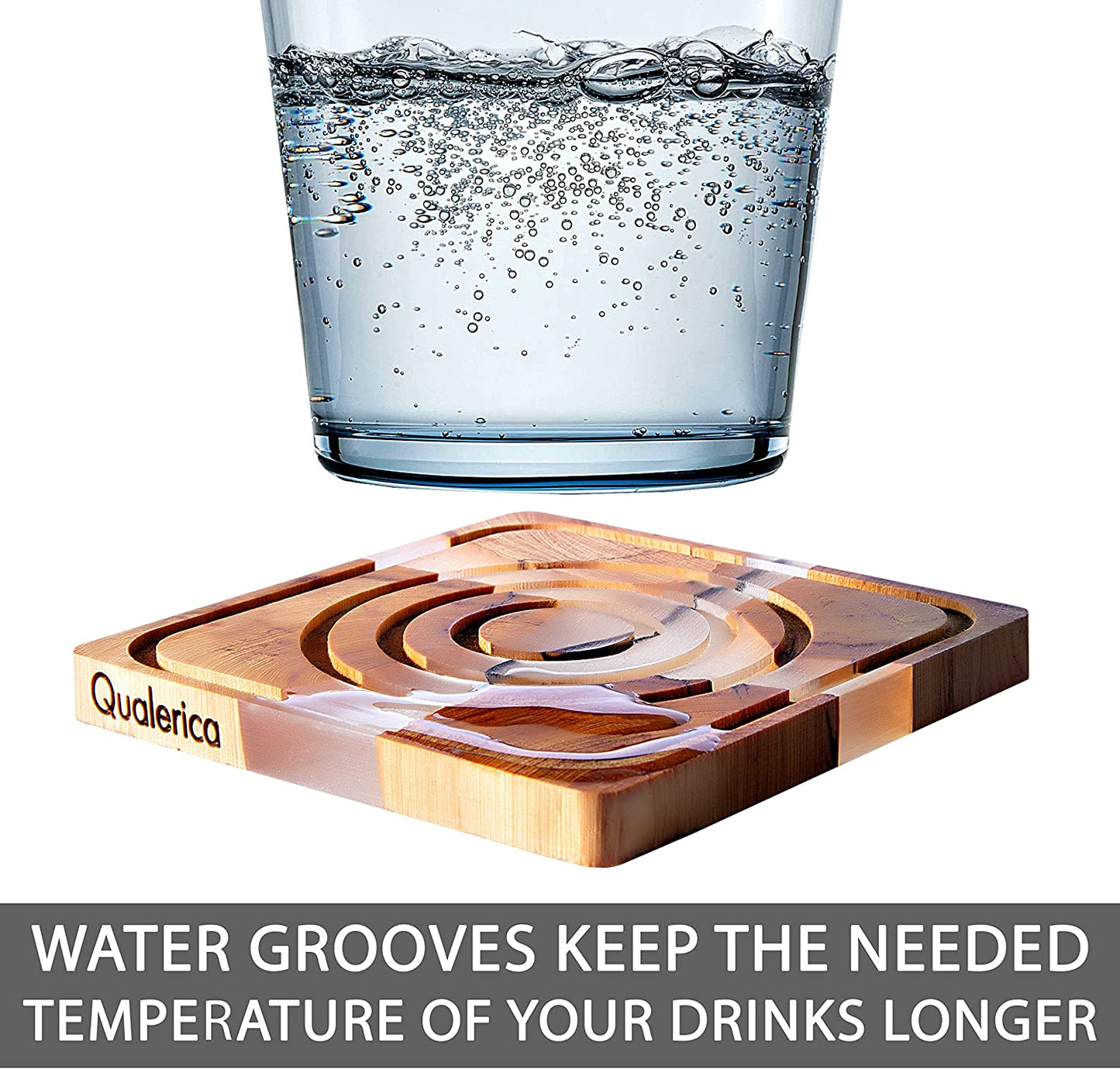 Qualerica Wooden Coasters Set, Epoxy Coasters, Wooden Coasters with Grooves, Modern Coasters with Holder, Cedar Wood Coaster, Set of 4 Coasters with Holder (4, Add Holder)