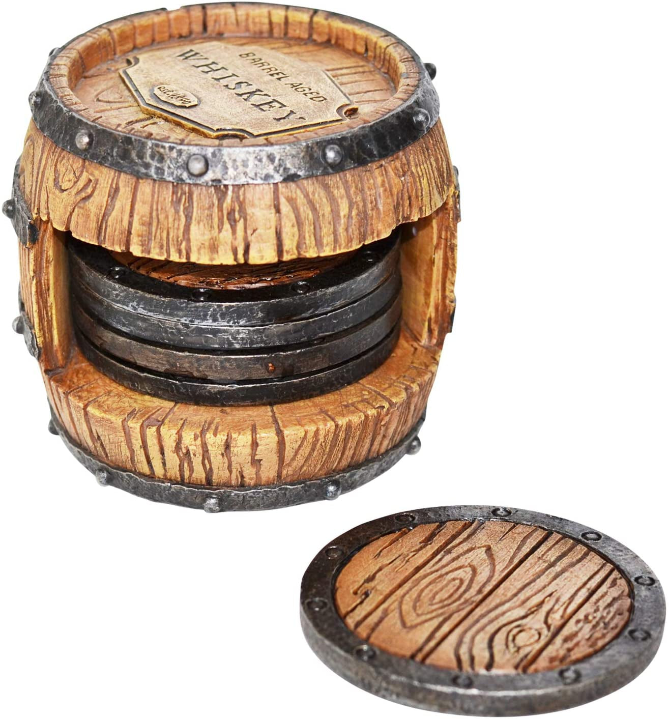 5Pc Whiskey Bourbon Barrel Drink Coasters, Unique Bar Decor & Accessories, Beer & Whiskey Glass Coaster - Home Decorations for Dining Room or Home Bar - Modern Coaster Set with Holder for Man Cave