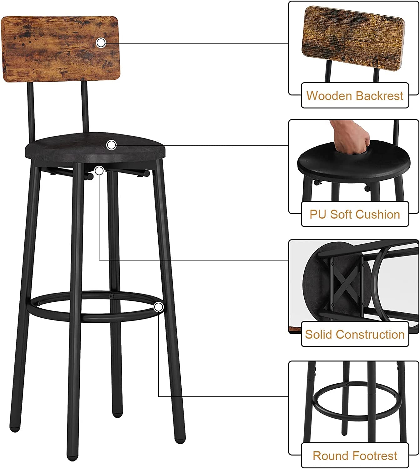 3-Piece Bar Table Set for 2, Small 2-Tier round Bistro Pub Dining Table & PU Upholstered Stools with Backrest, Counter Height Table and Chairs Set for Kitchen Small Space, Rustic Brown
