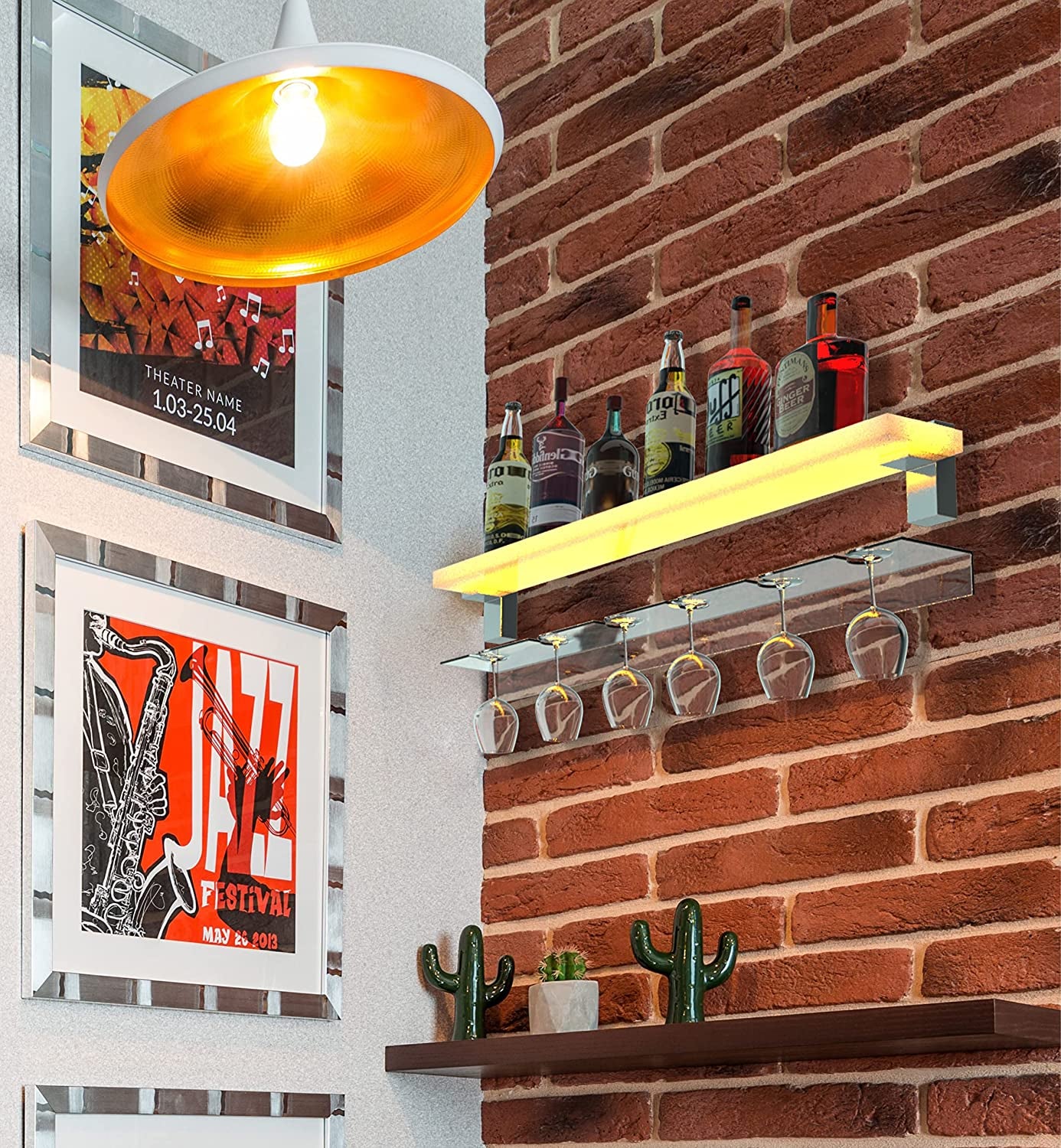 LED Liquor Bottle Display Shelf 24 Inch Acrylic Floating Wall Mounted Wine Racks with 4 Stem Glass Holder for Home Commercial Led Bar Lighting Display Shelves with Remote Control
