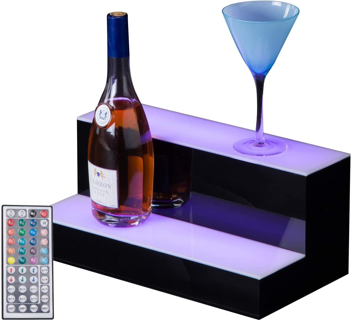 LED Lighted Liquor Bottle Display Shelf, 30 in 2 Step LED Lighted Bar Shelf for Home Commercial Bar Drinks Acrylic Lighting Shelves High Gloss Black Finish with Remote Control