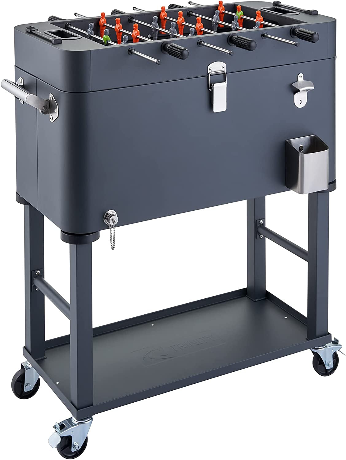 80 Quart Beverage Cooler and Ice Chest with Foosball Table Top and Bottle Opener, Rolling Cart with Storage Shelf, Detachable Tub Design, 96 Can Capacity, Includes Protective Cover
