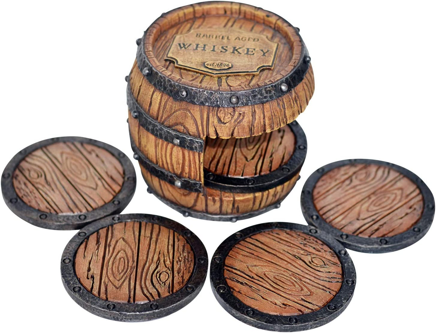 5Pc Whiskey Bourbon Barrel Drink Coasters, Unique Bar Decor & Accessories, Beer & Whiskey Glass Coaster - Home Decorations for Dining Room or Home Bar - Modern Coaster Set with Holder for Man Cave