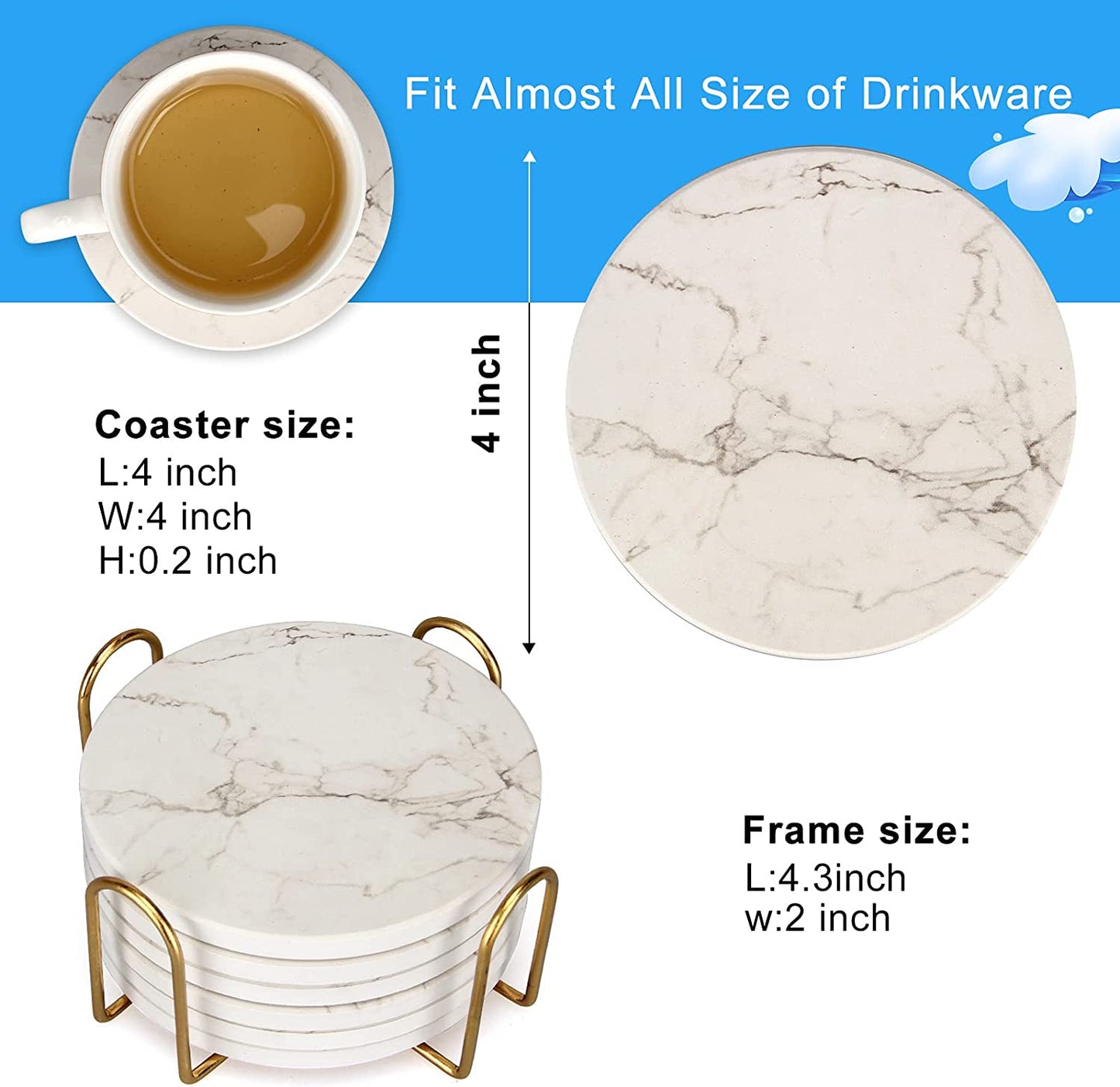 6 Pcs White Marble Coaster Set with Holder Best Absorbent Coasters Drink Coasters Ceramic Bar Wine Coasters Cute Stone Thirstysone Table Cup Coasters