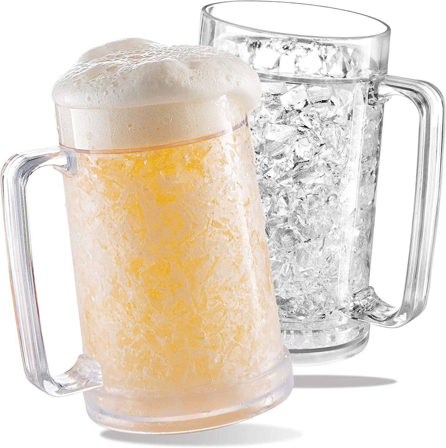 Freezer Beer Mugs, Double Wall, Insulated Gel Plastic Pint Freezable Glasses, 16 Oz, Clear 2 Pack , Chiller Frosty Cup, Frozen Ice Freezer Mug, Freezer Cups