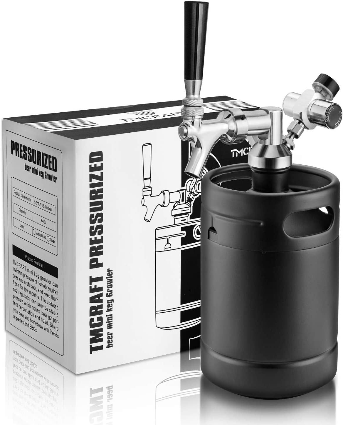 64Oz Growler Tap System, Pressurized Stainless Steel Mini Keg with Cooler Jacket, Portable Home Dispenser System to Keep Fresh and Carbonation for Draft, Homebrew and Craft Beer (Matte Black)