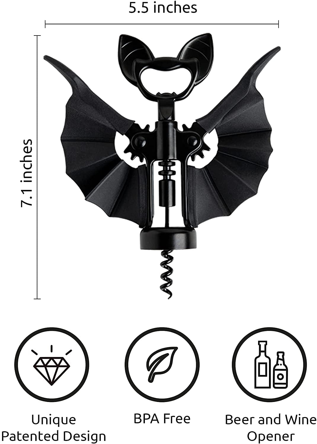 Vino Spooky Bat Wine Opener - 2-In-1 Wine & Beer Opener, Corkscrew & Bottle Opener - Wine Accessories & Gifts for Wine Lovers