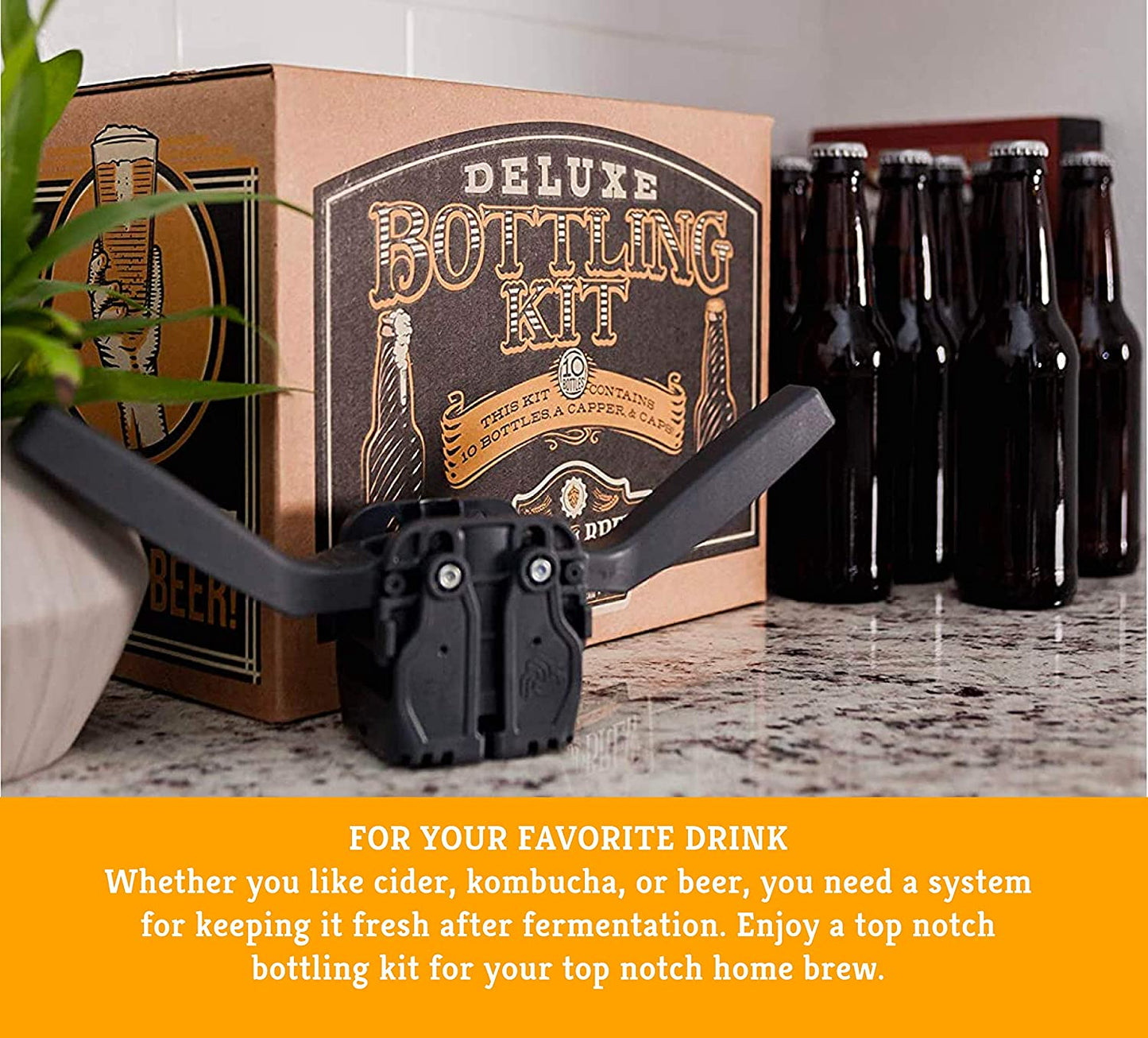 Deluxe Bottling Kit – Homebrew Bottler Equipment – Home Brewing Easy Bottling Set – 10 Empty 12Oz. Amber Glass Bottles – 30+ Caps – 1 Capper…