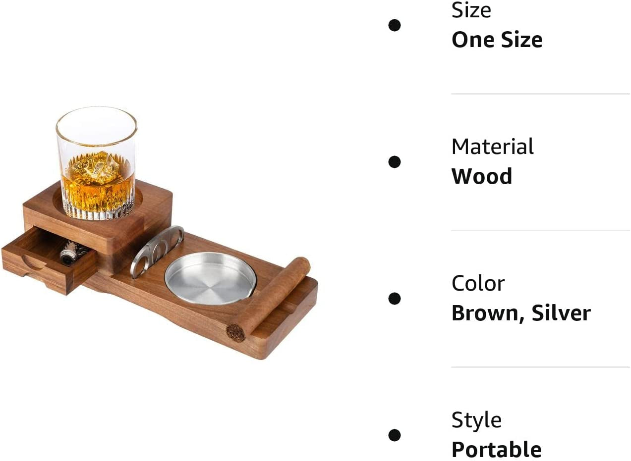 Cigar Ashtray Coaster Whiskey Glass Tray & Wooden Ash Tray with Cigar Cutter,Include Drawer and Cigar Slot Home Office Outdoor Ashtrays Great Cigar Accessories for Men