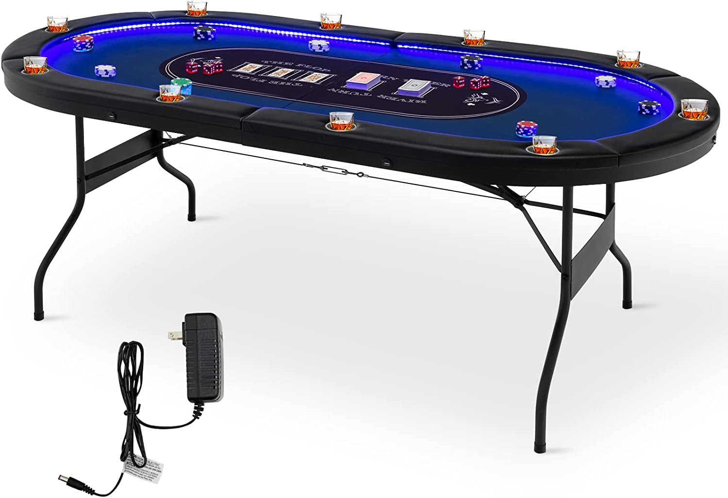10 Players Poker Table with Cup Holder, Folding Casino Leisure Table with 4 USB Ports, Extra Lights, Easy to Assemble, Foldable Game Poker Tables for Texas, Card Games, Blue