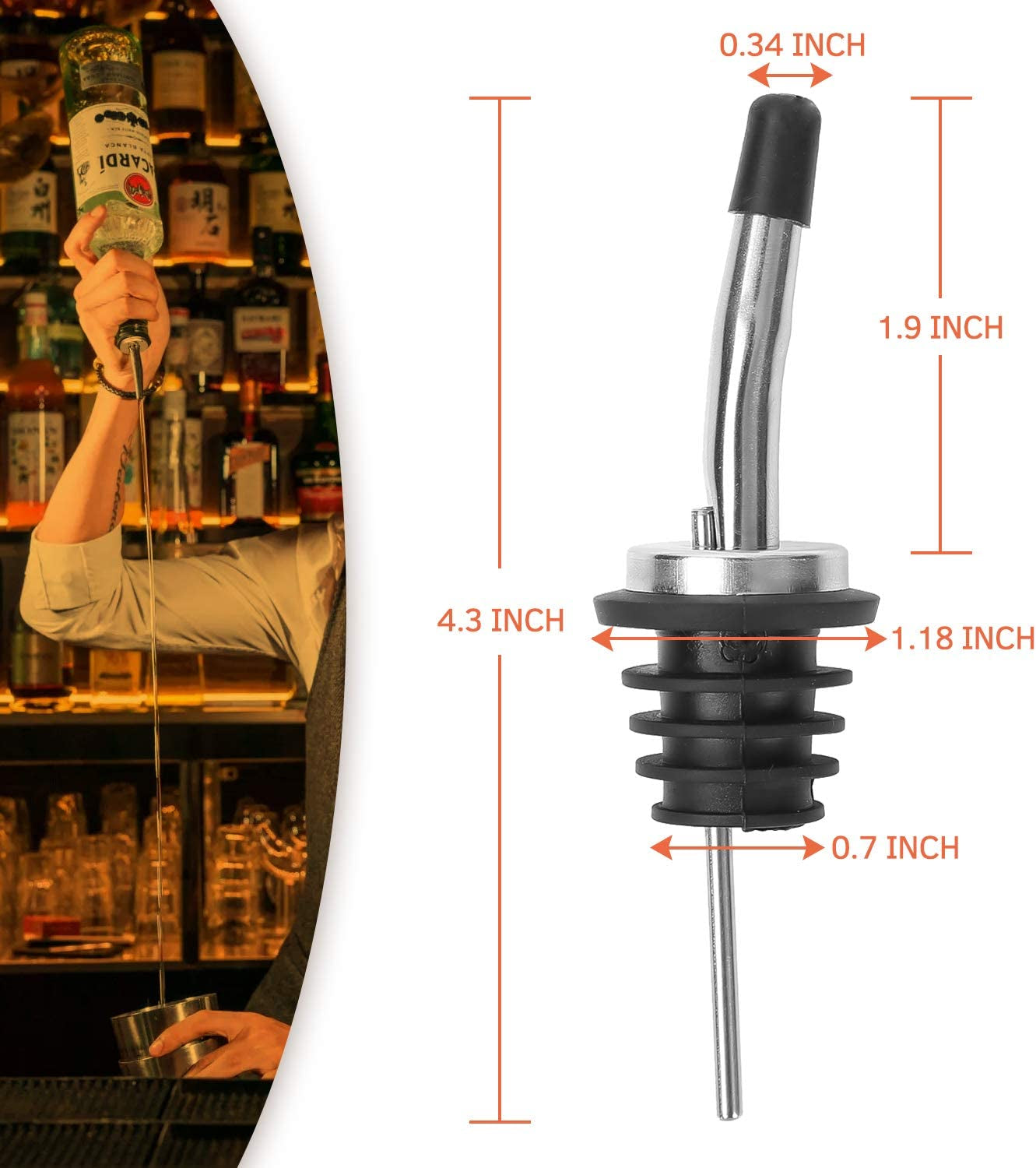 12 Pack Stainless Steel Classic Bottle Pourers Tapered Spout - Liquor Pourers with Rubber Dust Caps