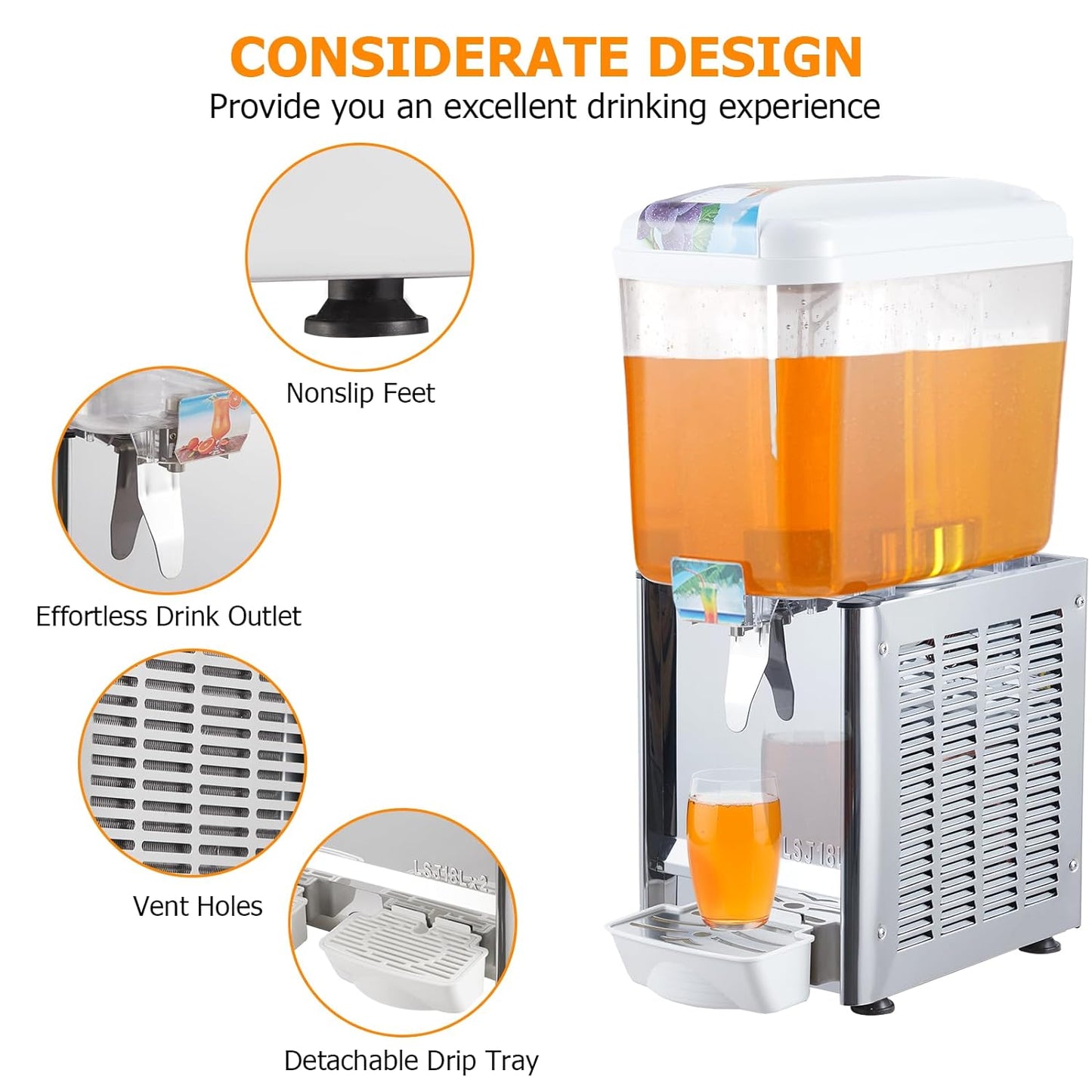 Commercial Beverage Dispenser, 1 Tanks 4.75 Gallon 18L Commercial Juice Dispenser, 18 Liter per Tank, 180W Stainless Steel Food Grade Ice Tea Drink Dispenser with Thermostat Controlle