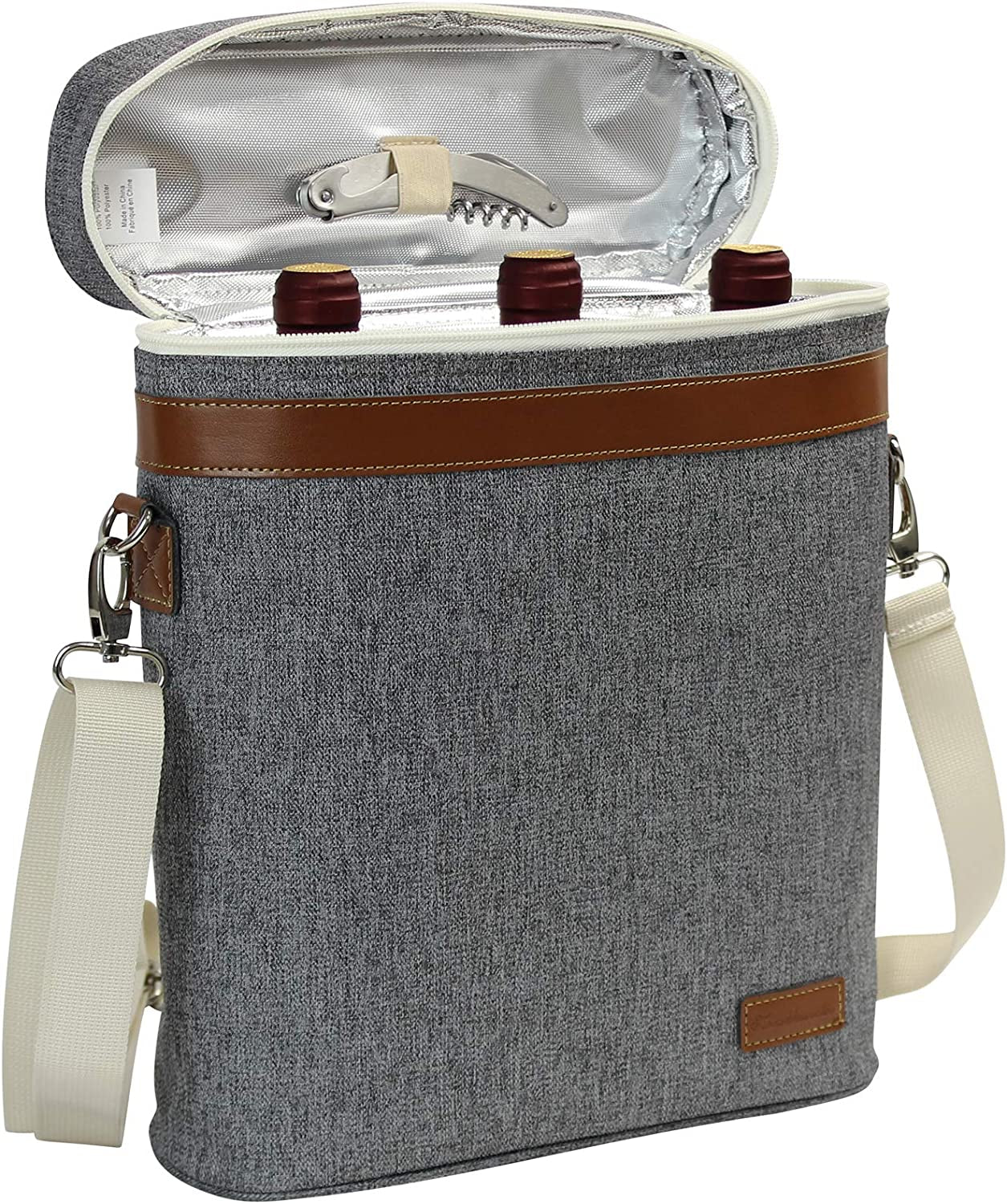 3 Bottle Insulated Wine Tote Cooler Bag, Portable Wine Carrier with Corkscrew Opener and Shoulder Strap for Beach Travel Picnic, Unique Wine Carrier for Wine Lover Gifts Grey