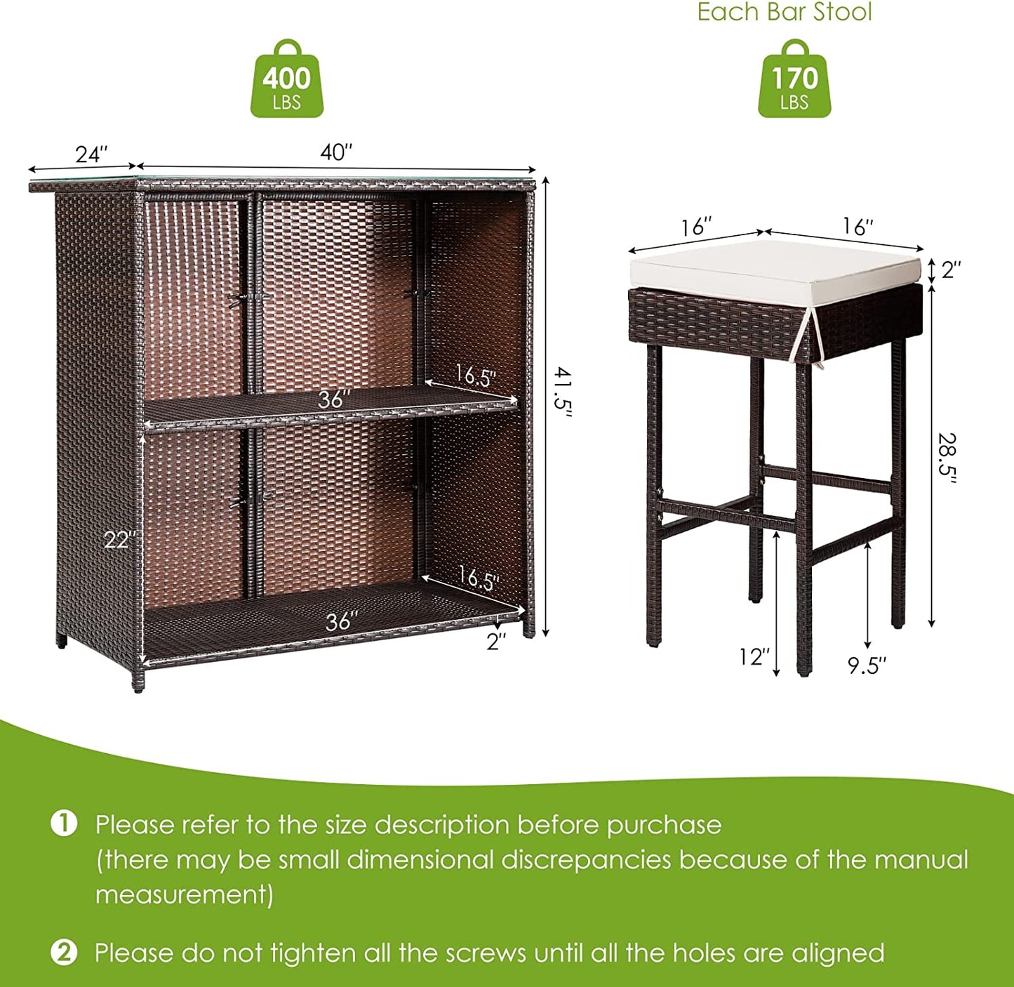 RELAX4FLIE 3-Piece Outdoor Bar Set, Patio Wicker Bar Height Table and Chairs Set with Cushioned Stools 2 Open Shelves & Glass Table Top, Rattan Bar Table Set for Poolside, Garden and Backyard (Beige)