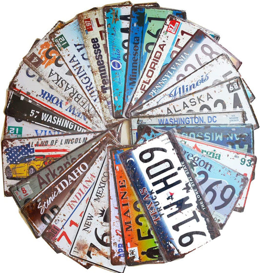 24 Pieces Assorted Replica Car Number Tags, Embossed Prop License Plates, Home Wall Automobile Bar Garage Man Cave Decoration, 6X12 Inch